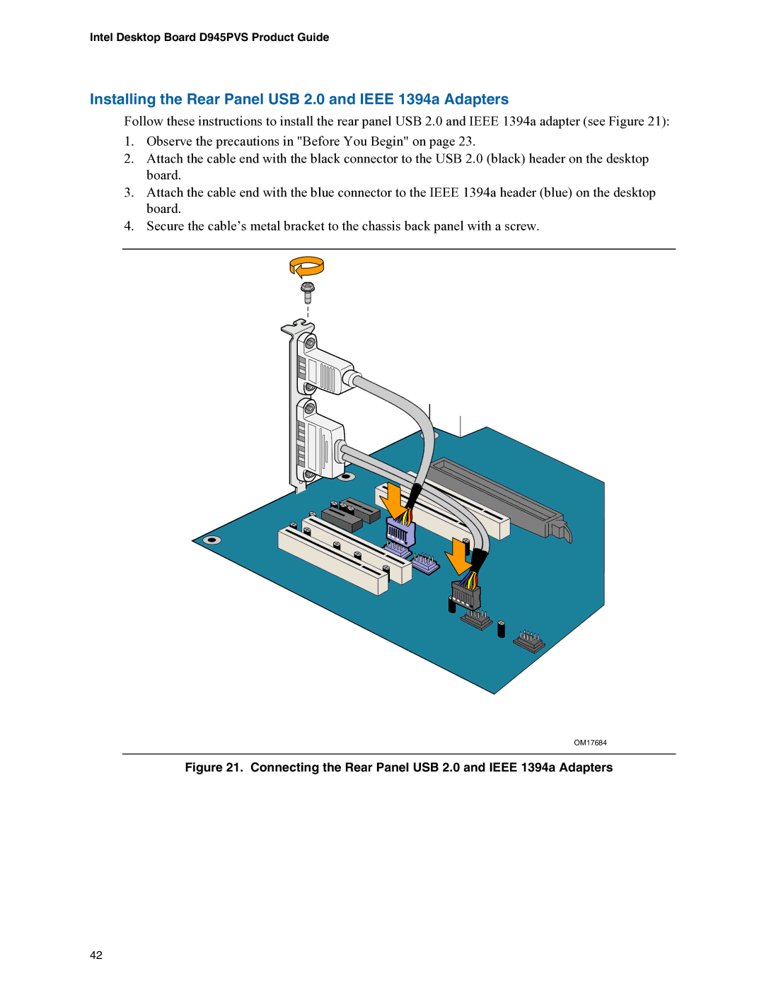 Intel D945PVS manual Installing the Rear Panel USB 2.0 and Ieee 1394a Adapters 