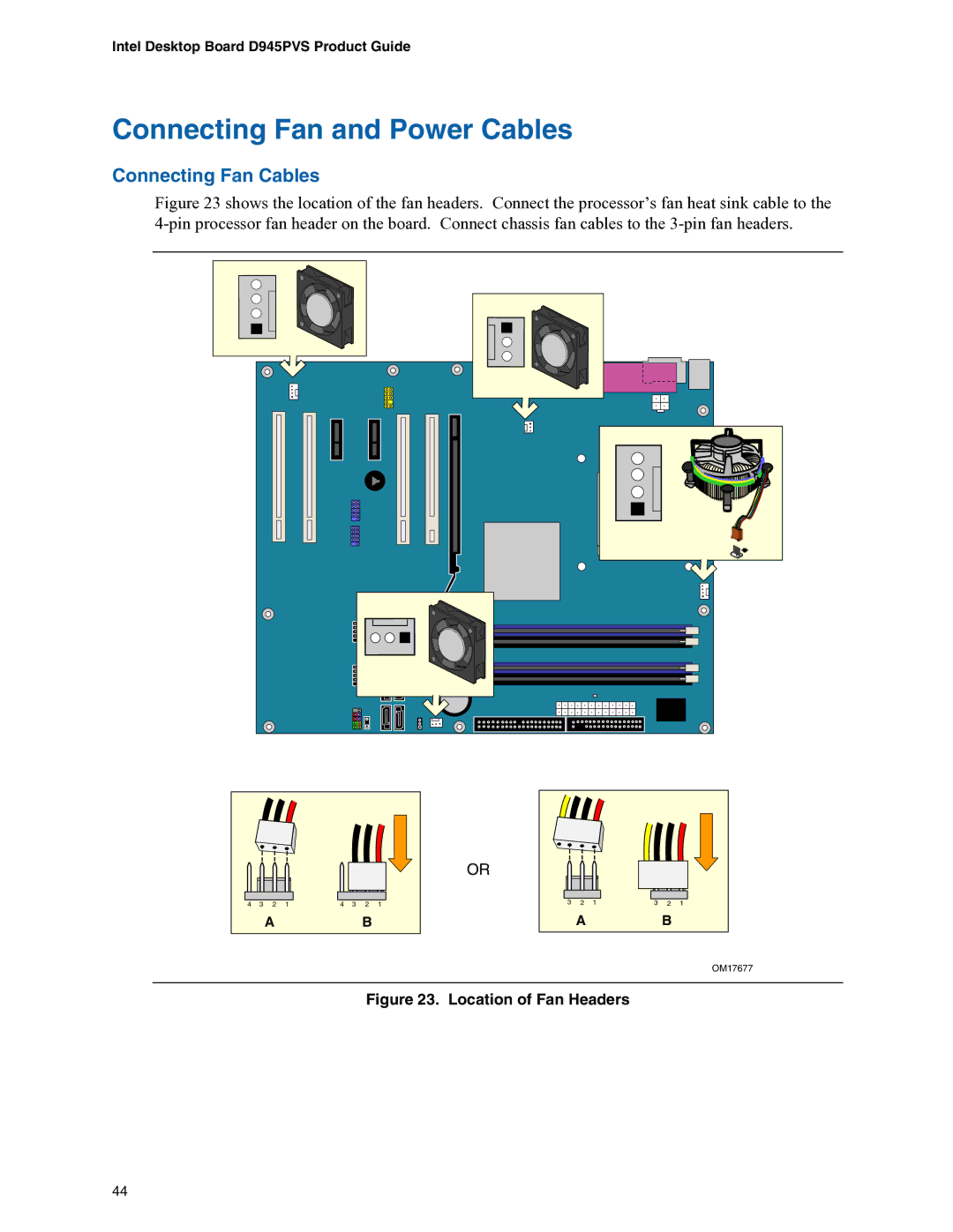 Intel D945PVS manual Connecting Fan and Power Cables, Connecting Fan Cables 