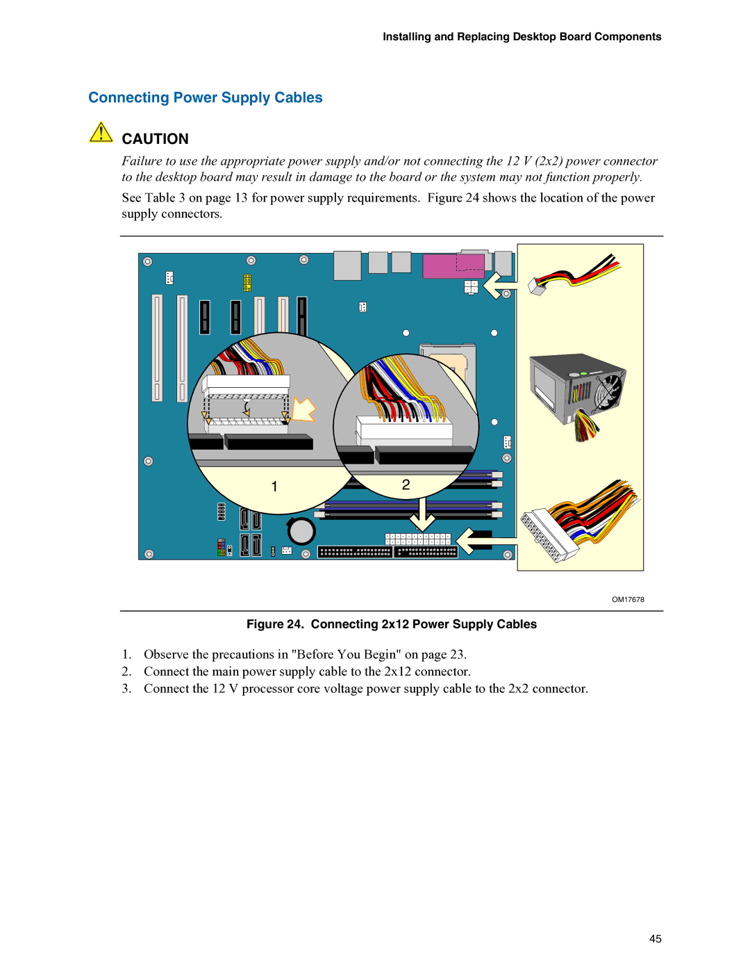 Intel D945PVS manual Connecting Power Supply Cables, Connecting 2x12 Power Supply Cables 