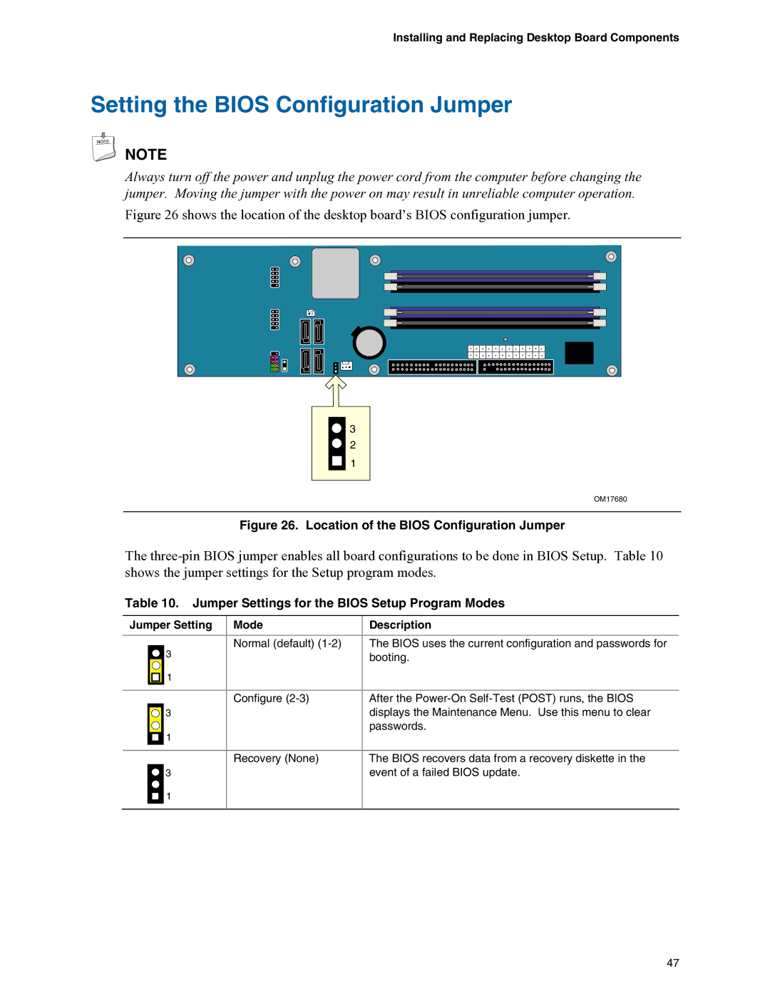 Intel D945PVS manual Setting the Bios Configuration Jumper, Jumper Settings for the Bios Setup Program Modes 