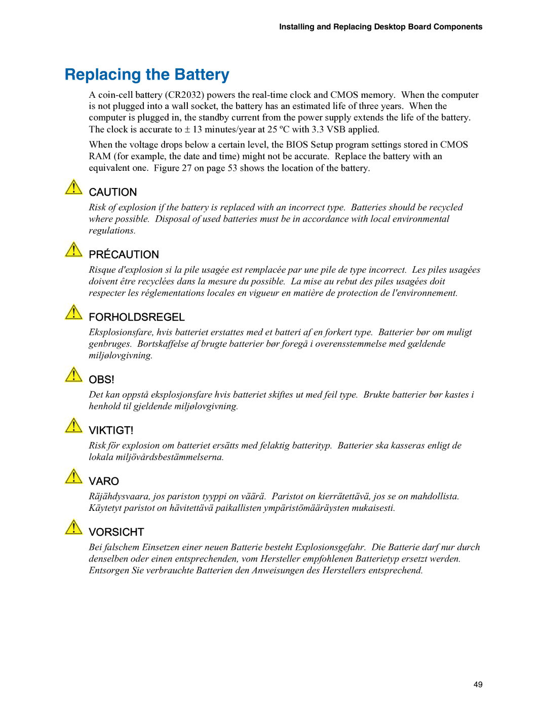 Intel D945PVS manual Replacing the Battery, Précaution 