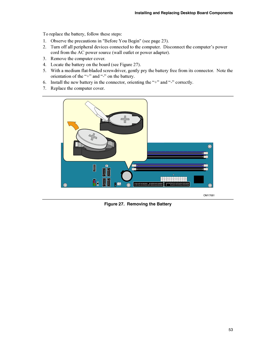 Intel D945PVS manual Removing the Battery 