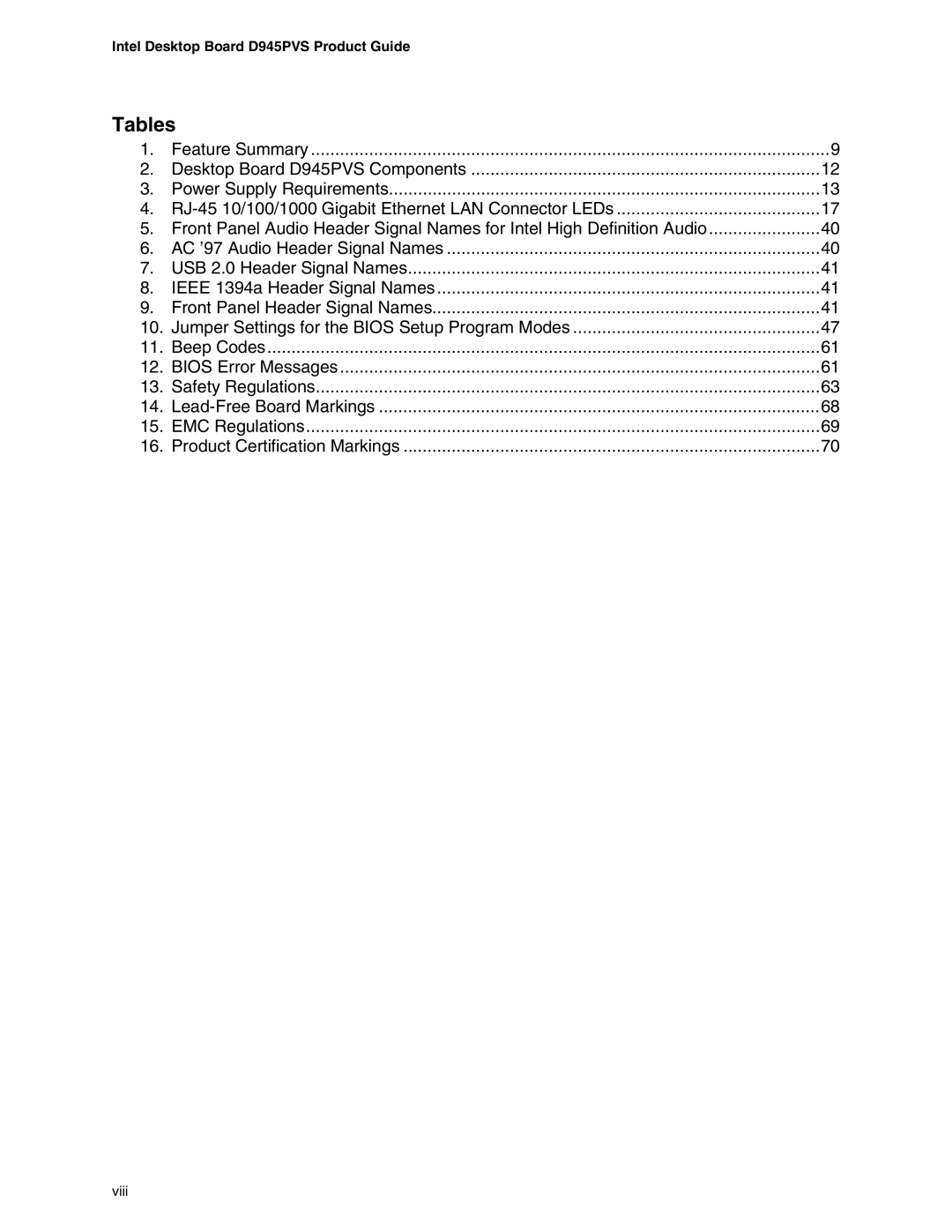 Intel D945PVS manual Tables 