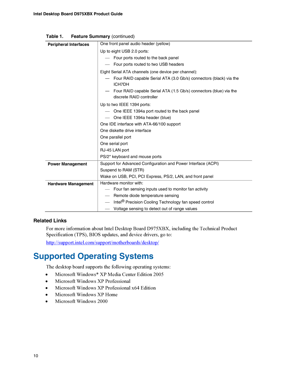 Intel D975XBX manual Supported Operating Systems, Peripheral Interfaces, Power Management, Hardware Management 