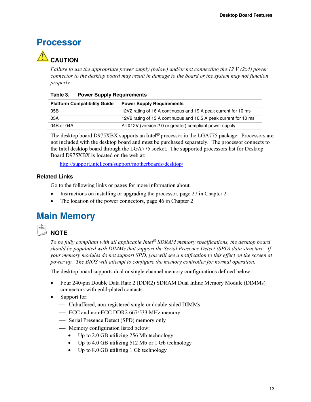 Intel D975XBX manual Processor, Main Memory, Platform Compatibility Guide Power Supply Requirements 