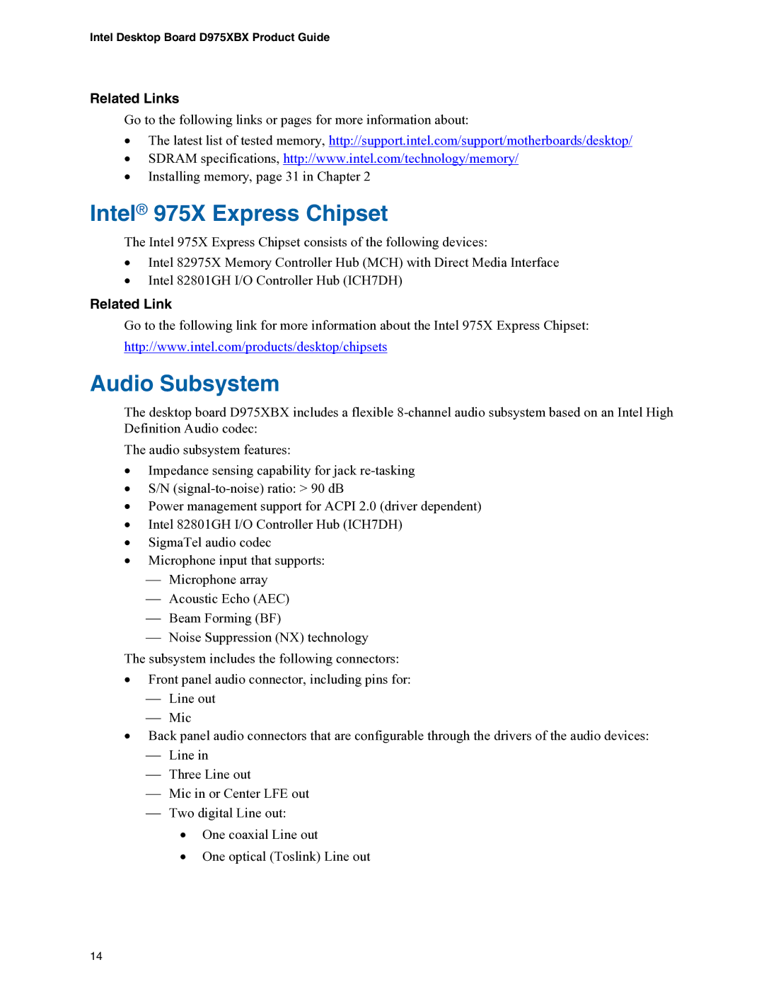 Intel D975XBX manual Intel 975X Express Chipset, Audio Subsystem 