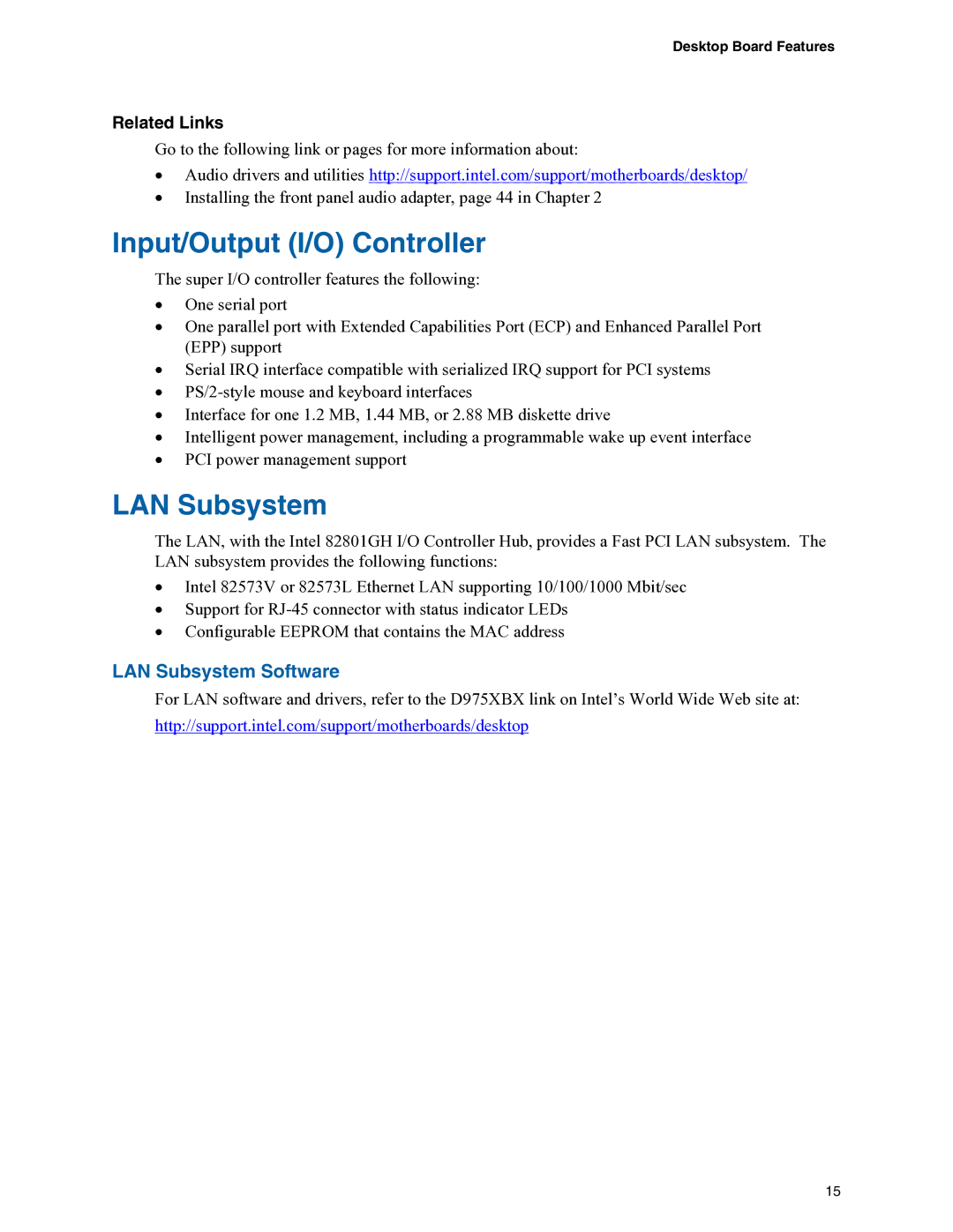 Intel D975XBX manual Input/Output I/O Controller, LAN Subsystem Software 