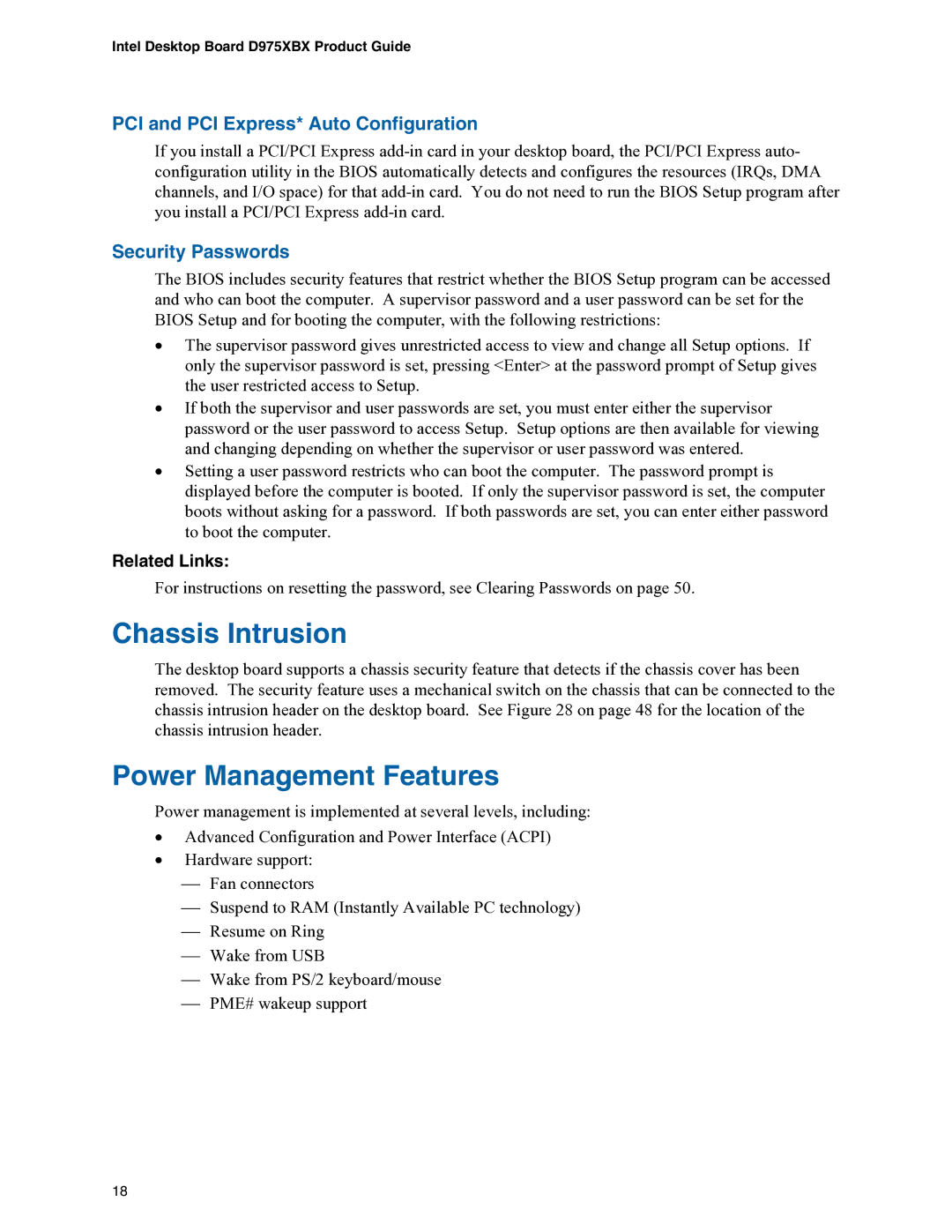 Intel D975XBX Chassis Intrusion, Power Management Features, PCI and PCI Express* Auto Configuration, Security Passwords 