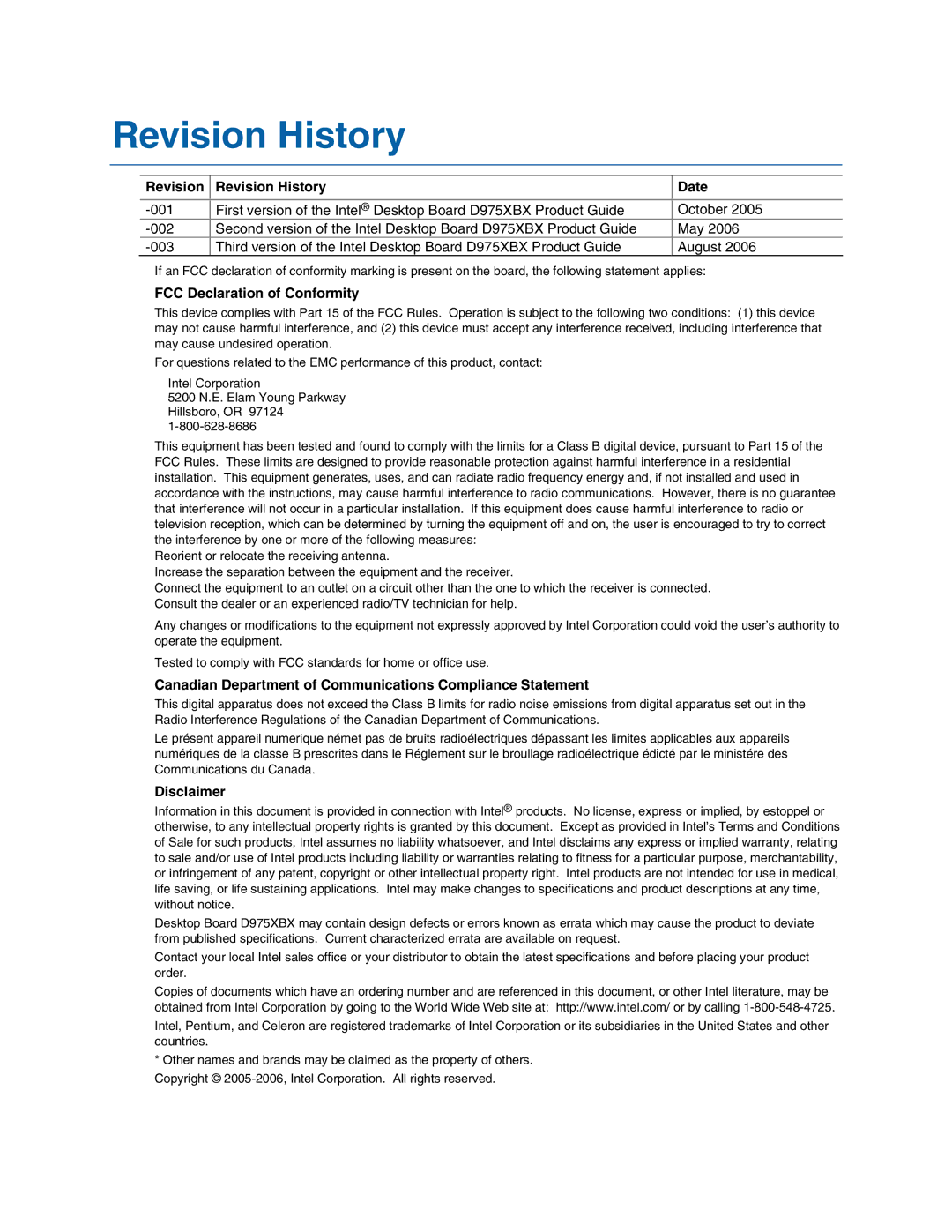 Intel D975XBX manual Revision Revision History Date, FCC Declaration of Conformity, Disclaimer 