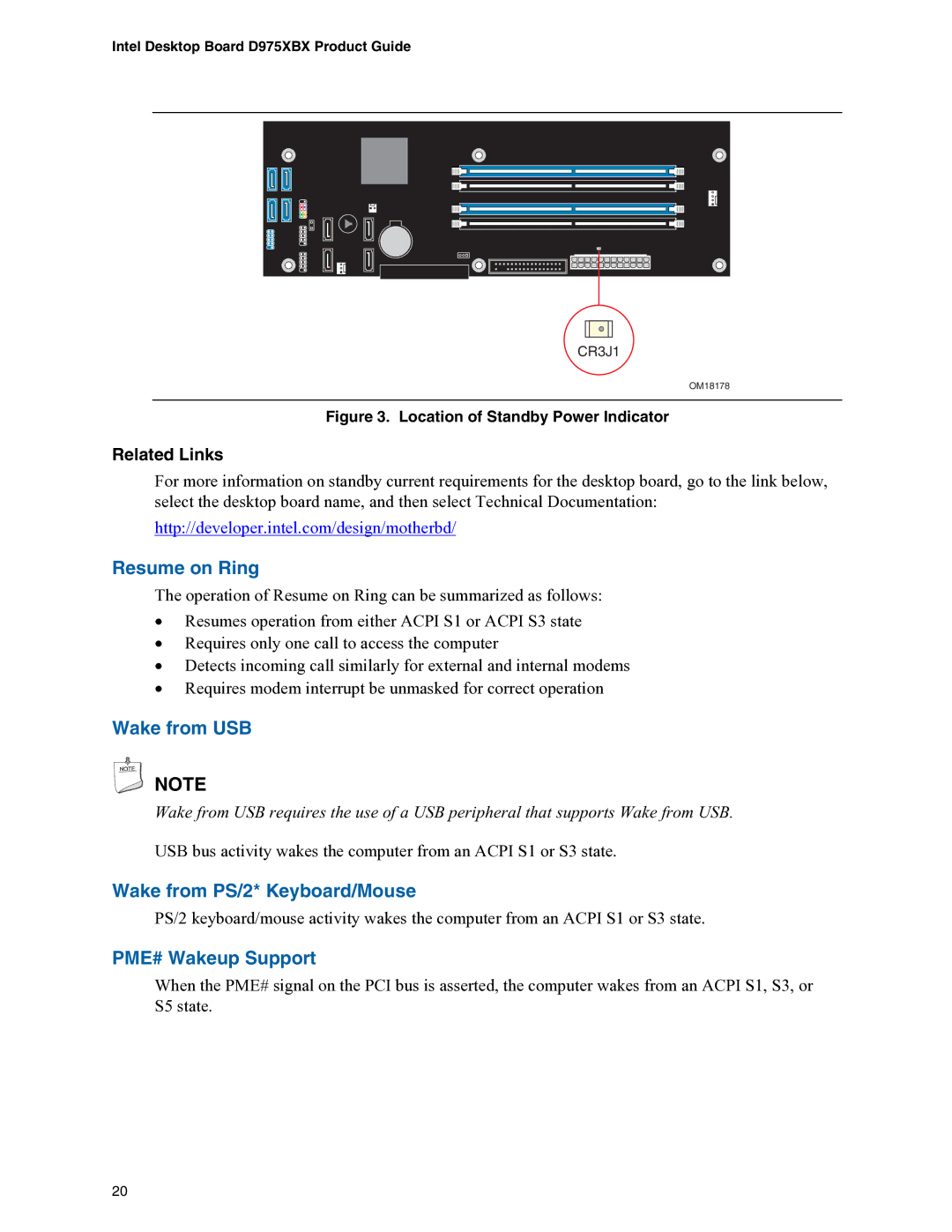 Intel D975XBX manual Resume on Ring, Wake from USB, Wake from PS/2* Keyboard/Mouse, PME# Wakeup Support 