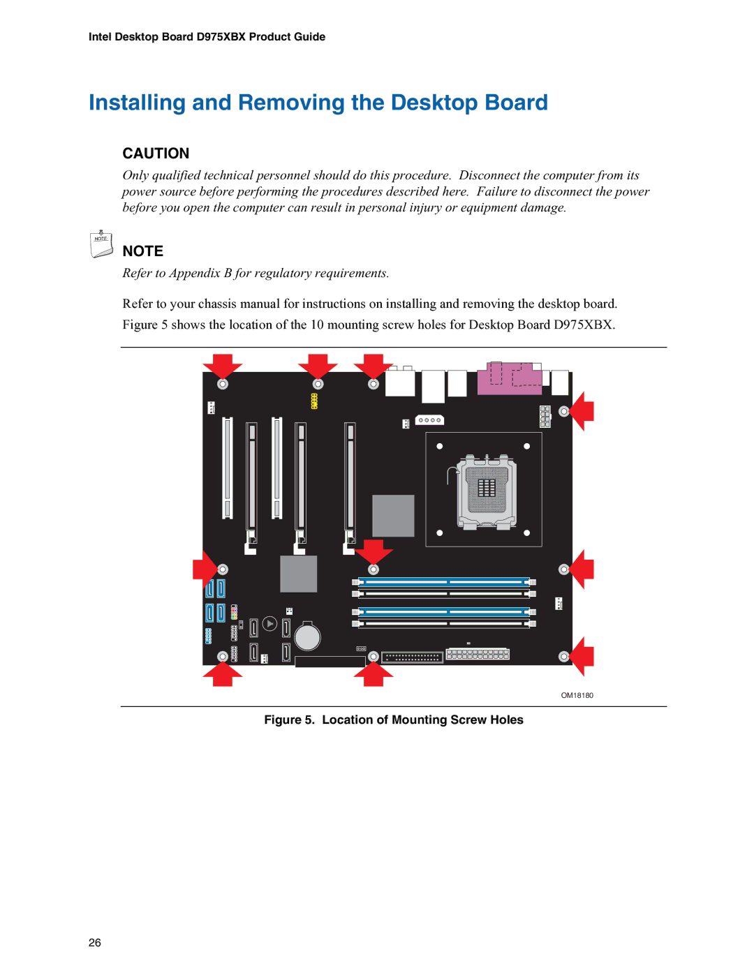 Intel D975XBX manual Installing and Removing the Desktop Board, Location of Mounting Screw Holes 