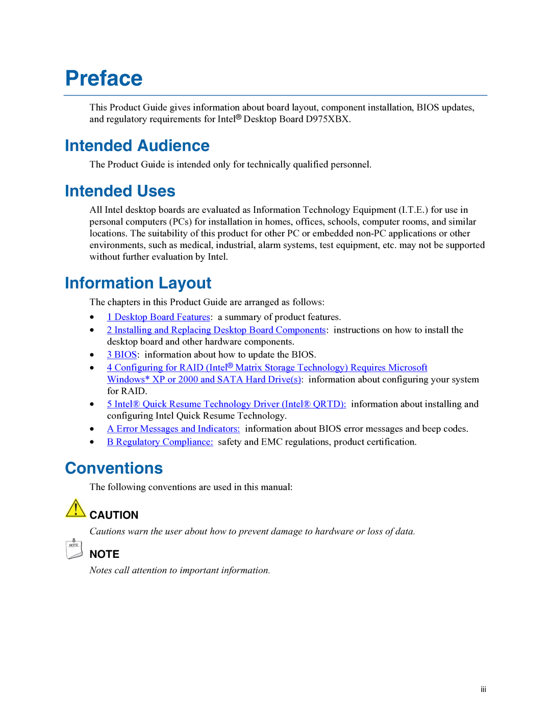 Intel D975XBX manual Preface, Intended Audience, Intended Uses, Information Layout, Conventions 