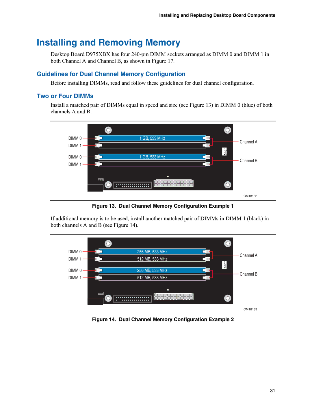 Intel D975XBX manual Installing and Removing Memory, Guidelines for Dual Channel Memory Configuration, Two or Four DIMMs 