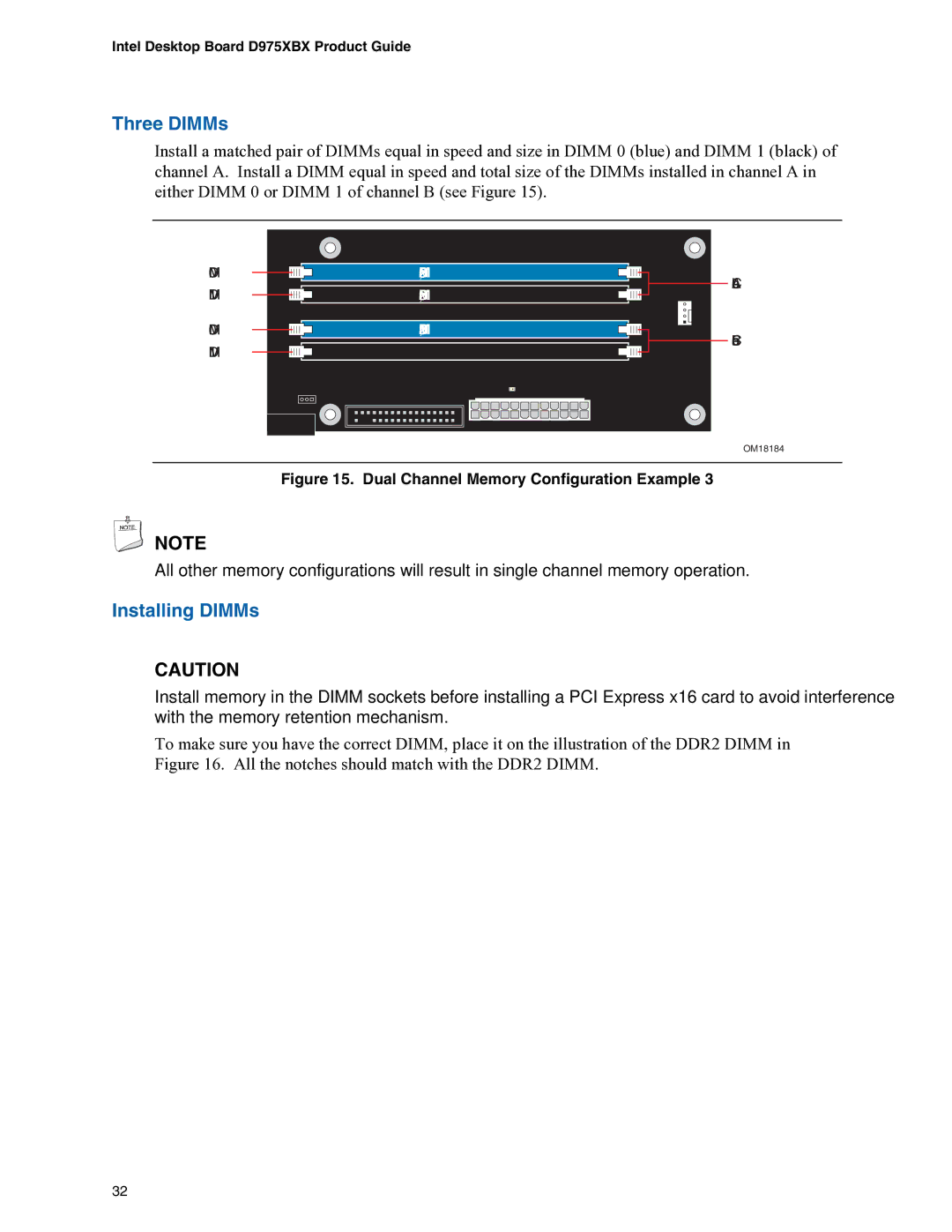 Intel D975XBX manual Three DIMMs, Installing DIMMs 