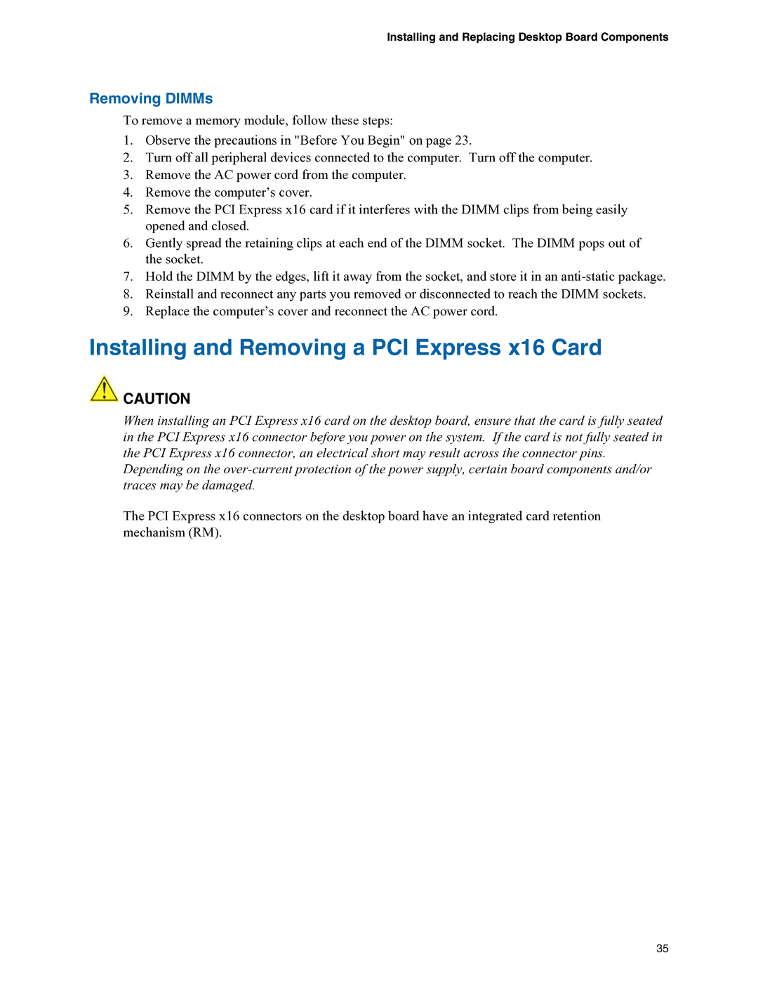 Intel D975XBX manual Installing and Removing a PCI Express x16 Card, Removing DIMMs 