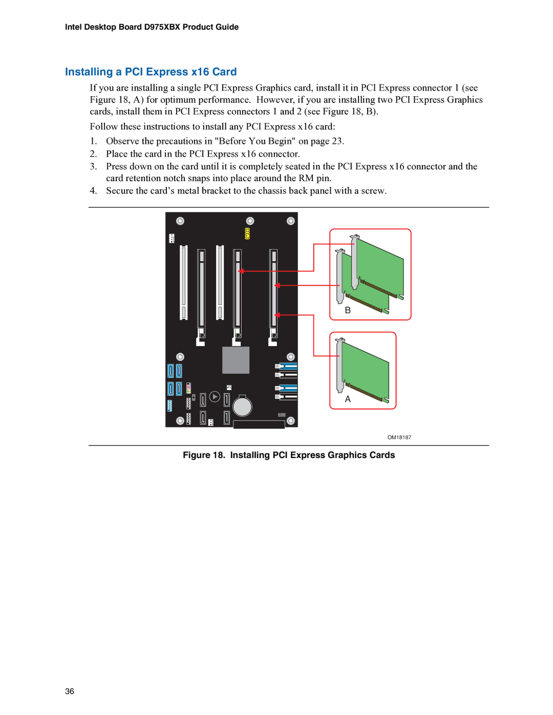 Intel D975XBX manual Installing a PCI Express x16 Card, Installing PCI Express Graphics Cards 