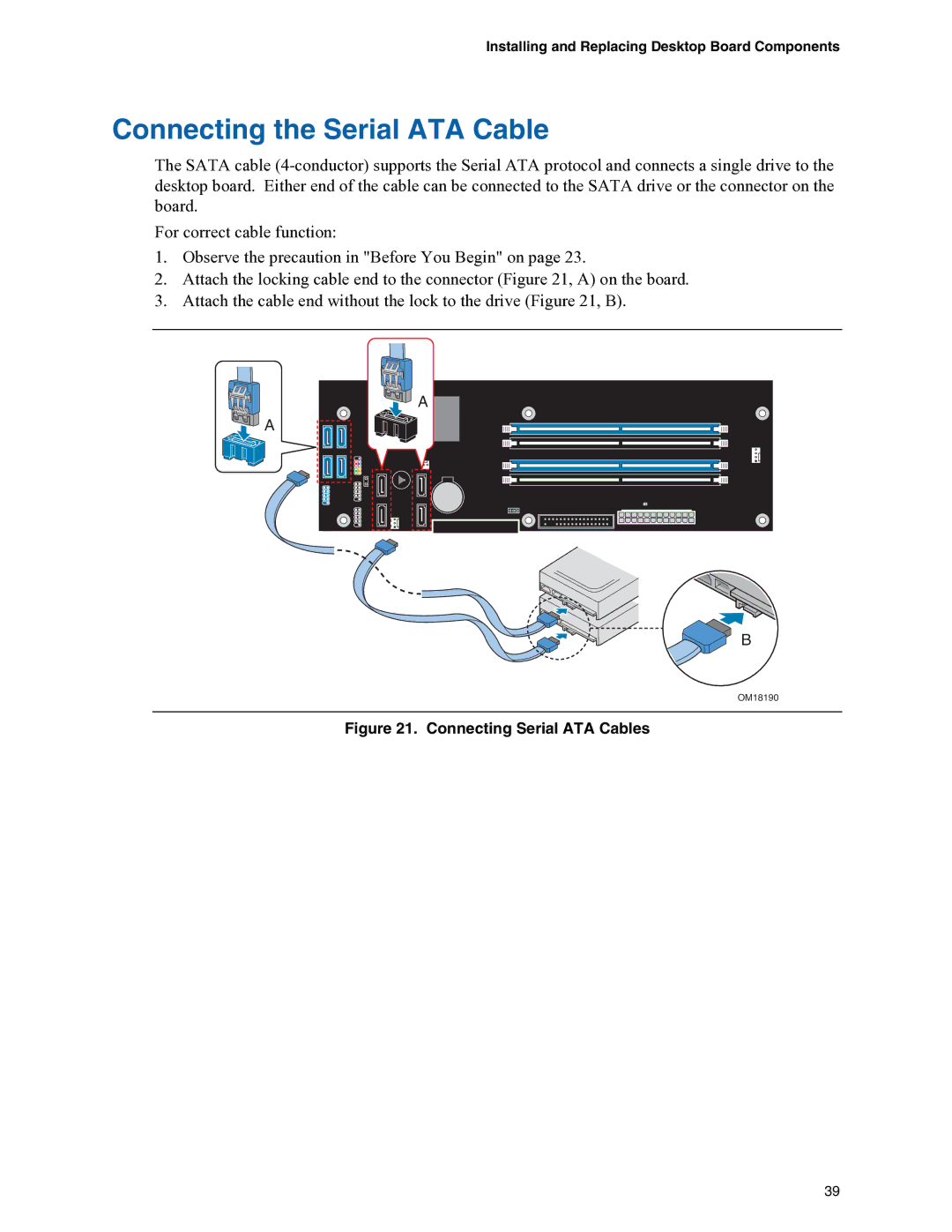 Intel D975XBX manual Connecting the Serial ATA Cable, Connecting Serial ATA Cables 