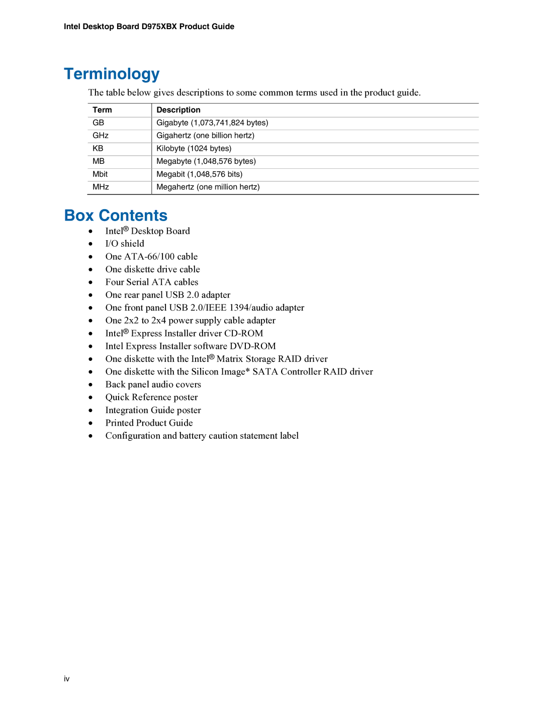 Intel D975XBX manual Terminology, Box Contents 