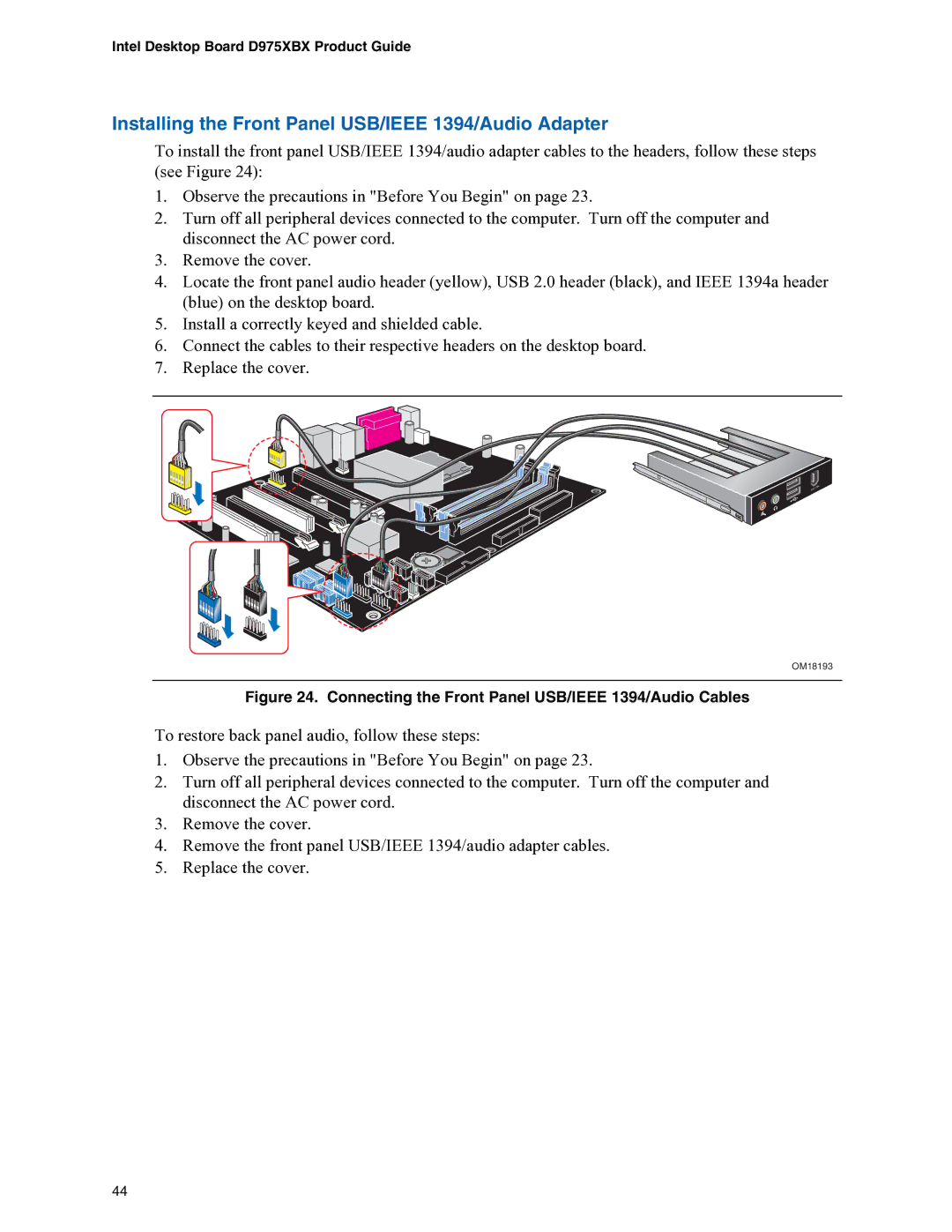 Intel D975XBX manual Installing the Front Panel USB/IEEE 1394/Audio Adapter 