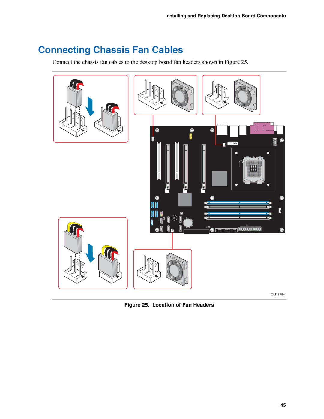 Intel D975XBX manual Connecting Chassis Fan Cables, Location of Fan Headers 