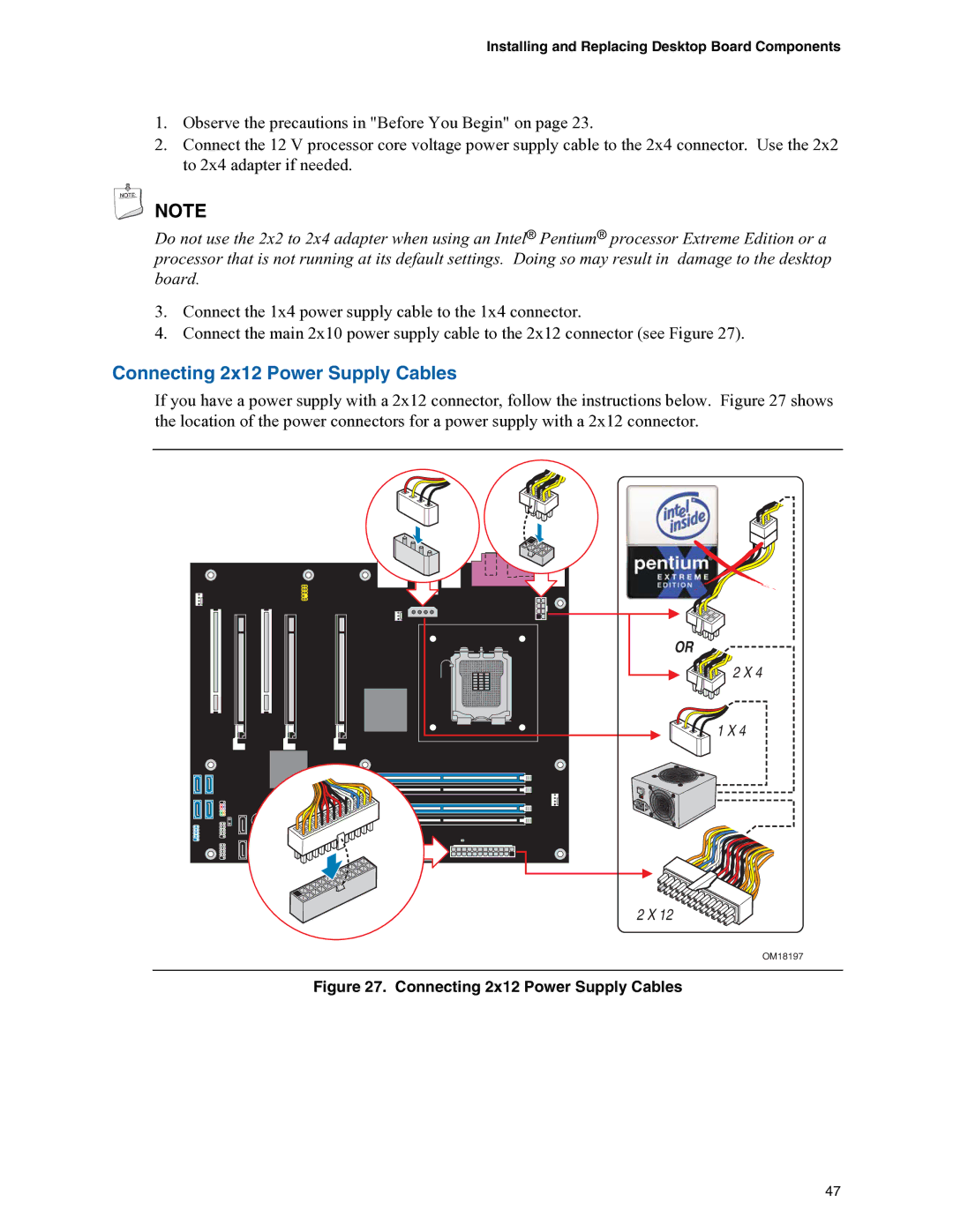 Intel D975XBX manual Connecting 2x12 Power Supply Cables 