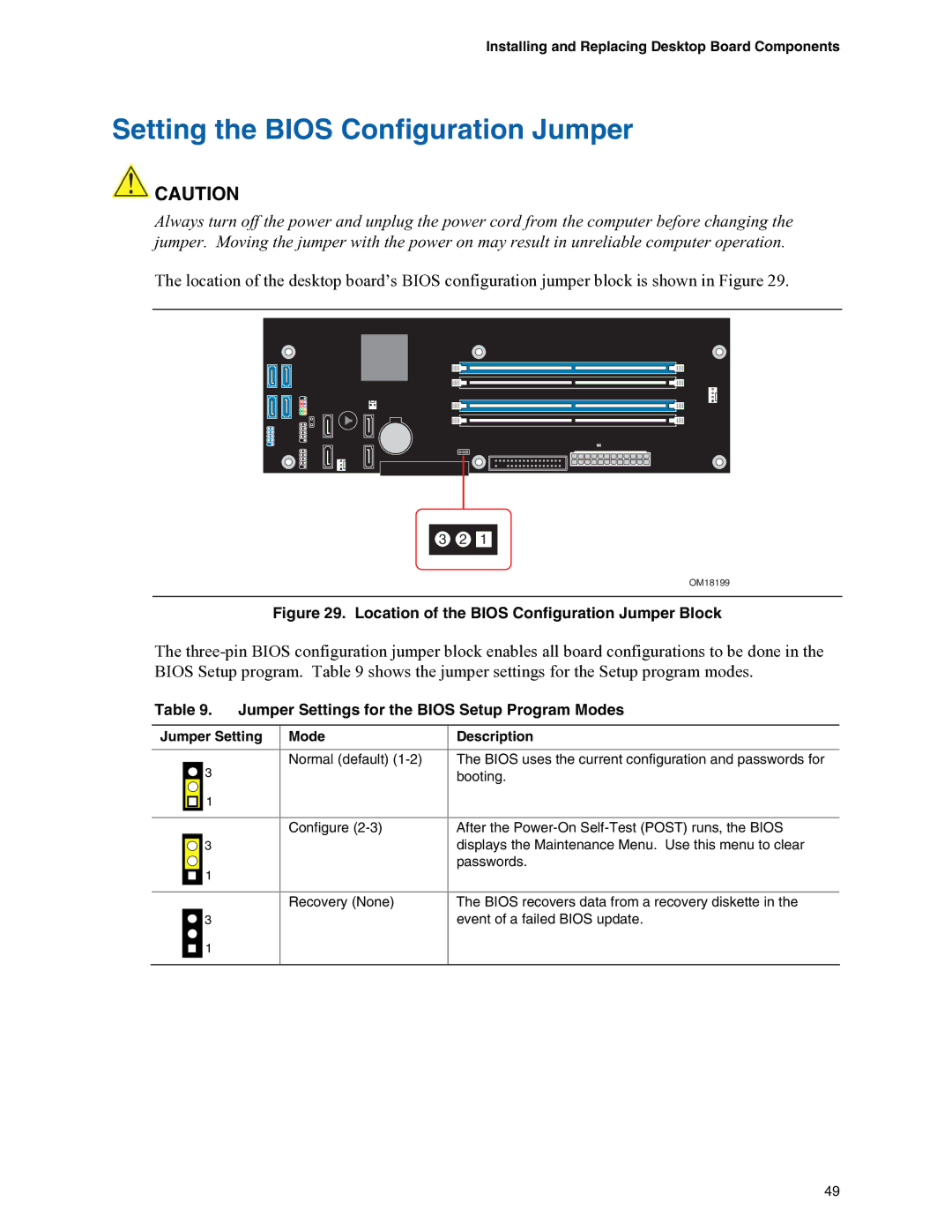 Intel D975XBX manual Setting the Bios Configuration Jumper, Jumper Settings for the Bios Setup Program Modes 