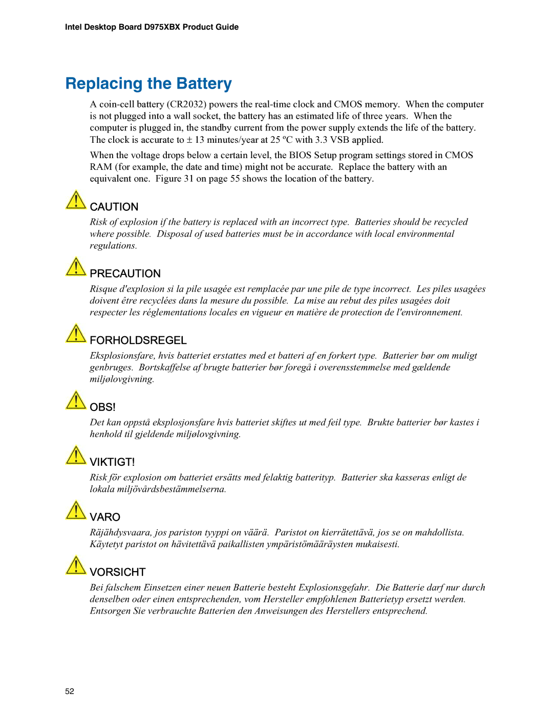 Intel D975XBX manual Replacing the Battery, Precaution 