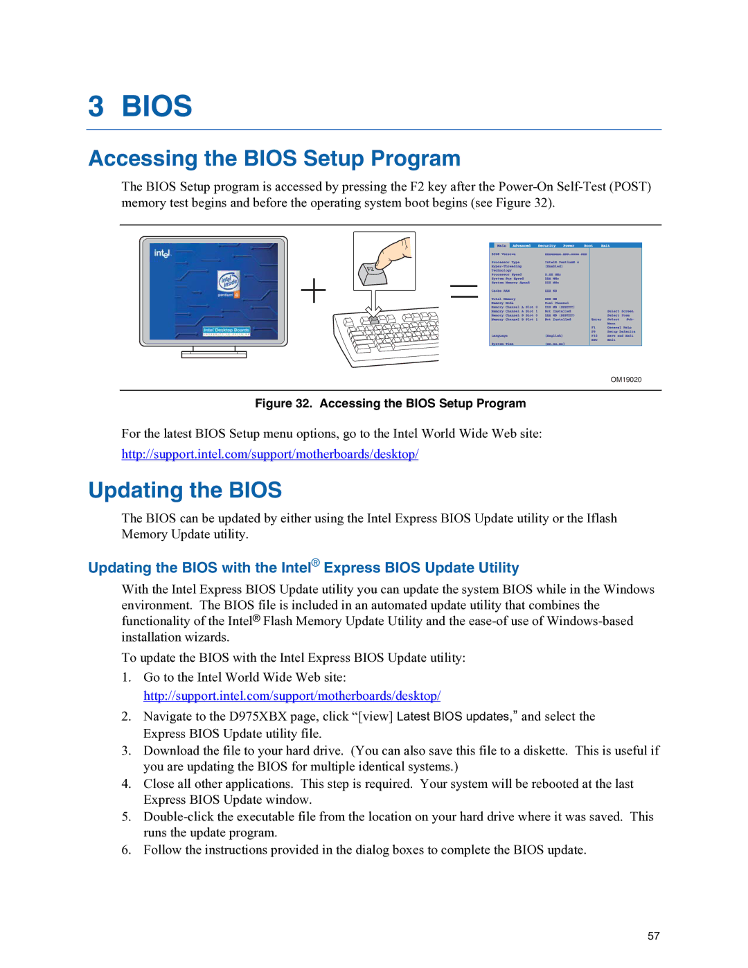 Intel D975XBX manual Accessing the Bios Setup Program, Updating the Bios 