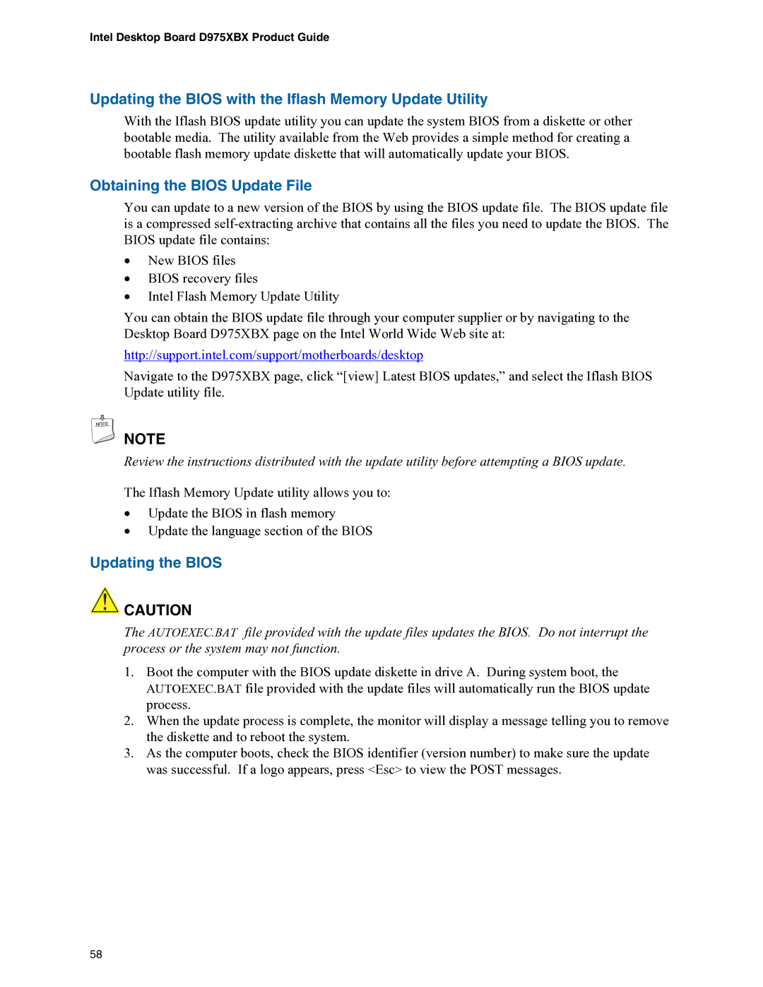 Intel D975XBX manual Updating the Bios with the Iflash Memory Update Utility, Obtaining the Bios Update File 