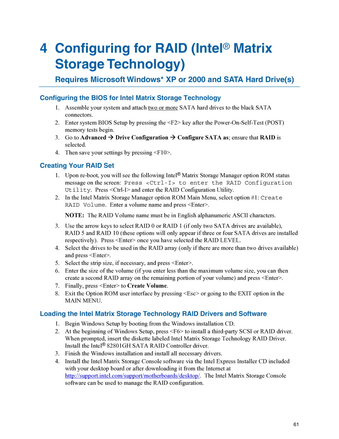 Intel D975XBX manual Configuring for RAID Intel Matrix Storage Technology, Creating Your RAID Set 