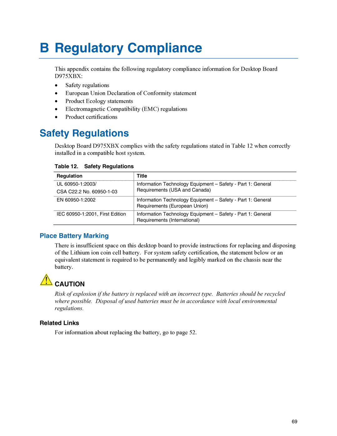 Intel D975XBX manual Regulatory Compliance, Safety Regulations, Place Battery Marking, Regulation Title 