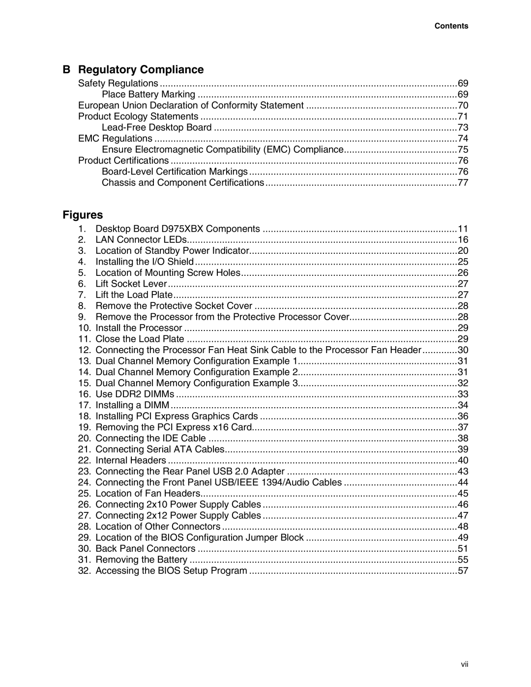 Intel D975XBX manual Regulatory Compliance, Contents 