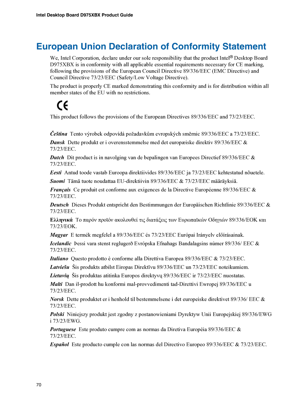 Intel D975XBX manual European Union Declaration of Conformity Statement 