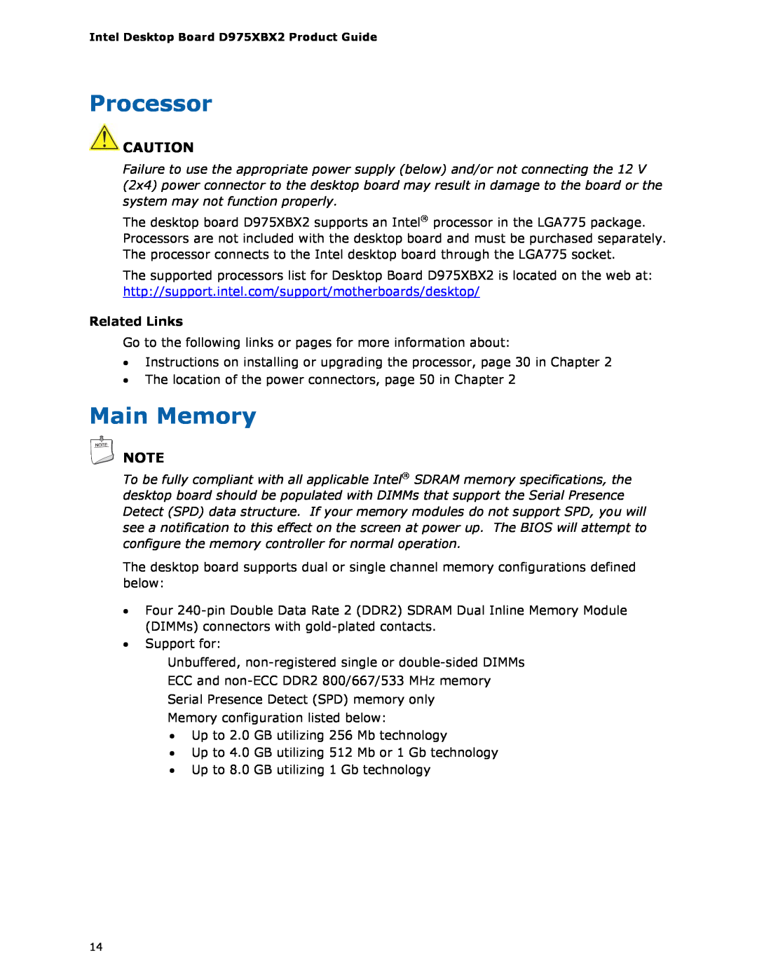 Intel D975XBX2 manual Processor, Main Memory 