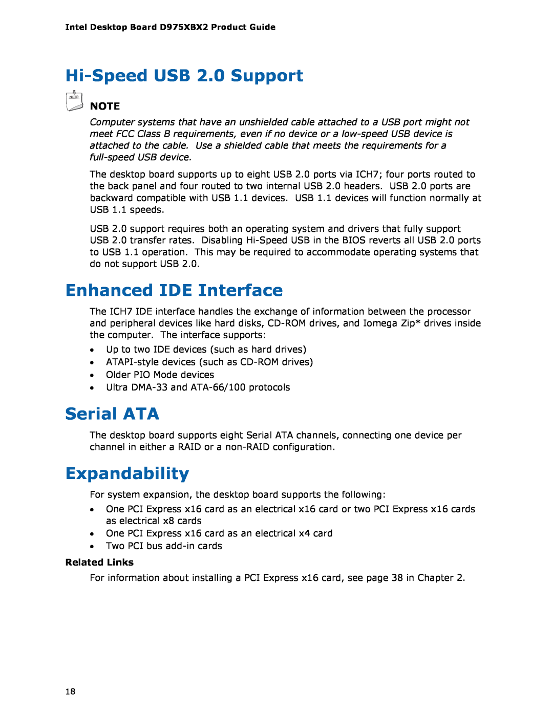 Intel D975XBX2 manual Hi-SpeedUSB 2.0 Support, Enhanced IDE Interface, Serial ATA, Expandability 