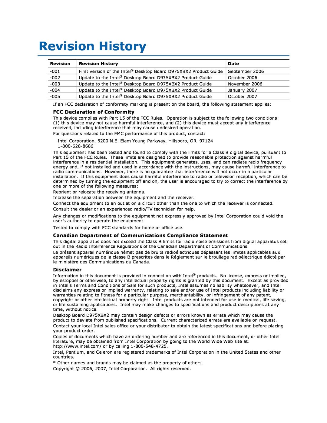 Intel D975XBX2 manual Revision History, FCC Declaration of Conformity, Disclaimer, Date 