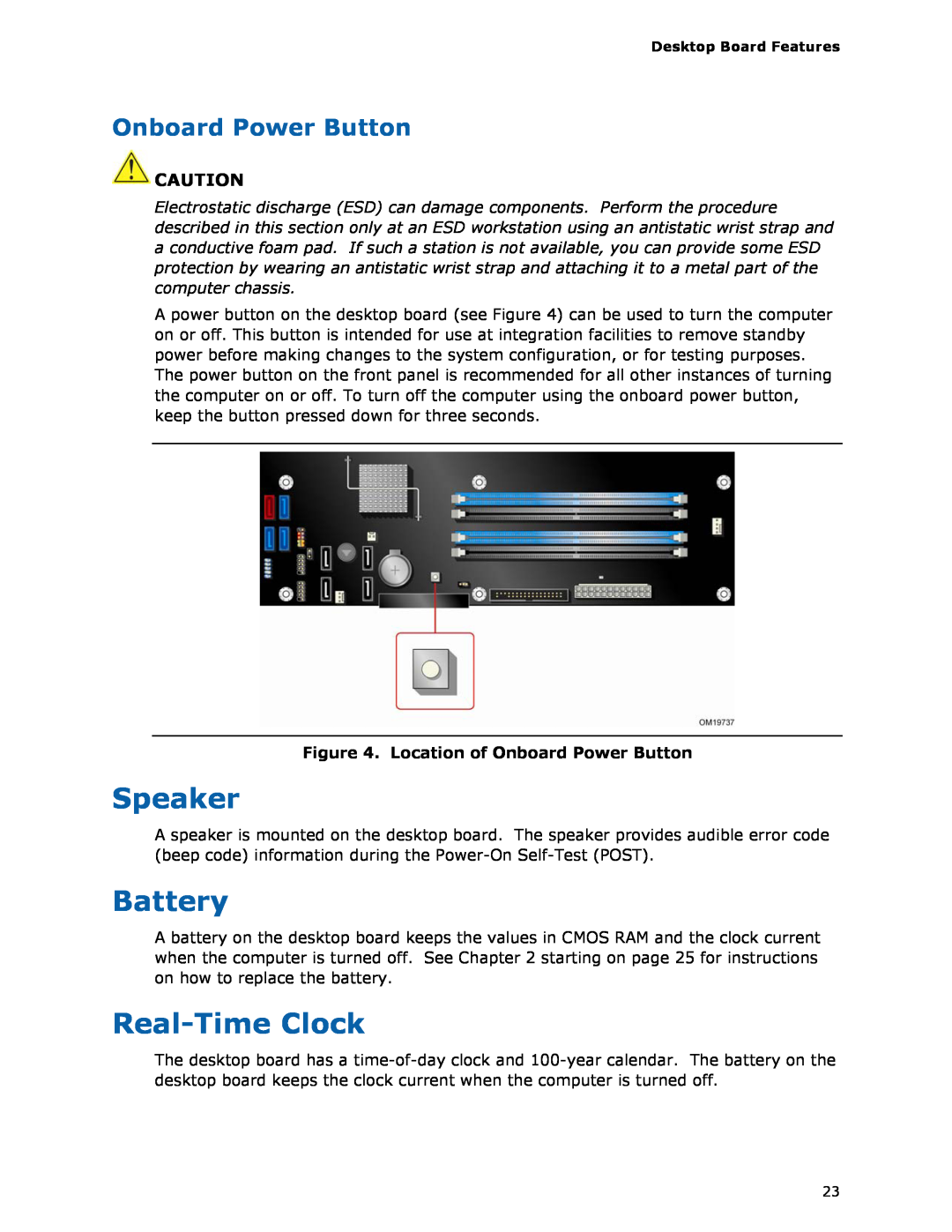 Intel D975XBX2 manual Speaker, Battery, Real-TimeClock, Onboard Power Button 
