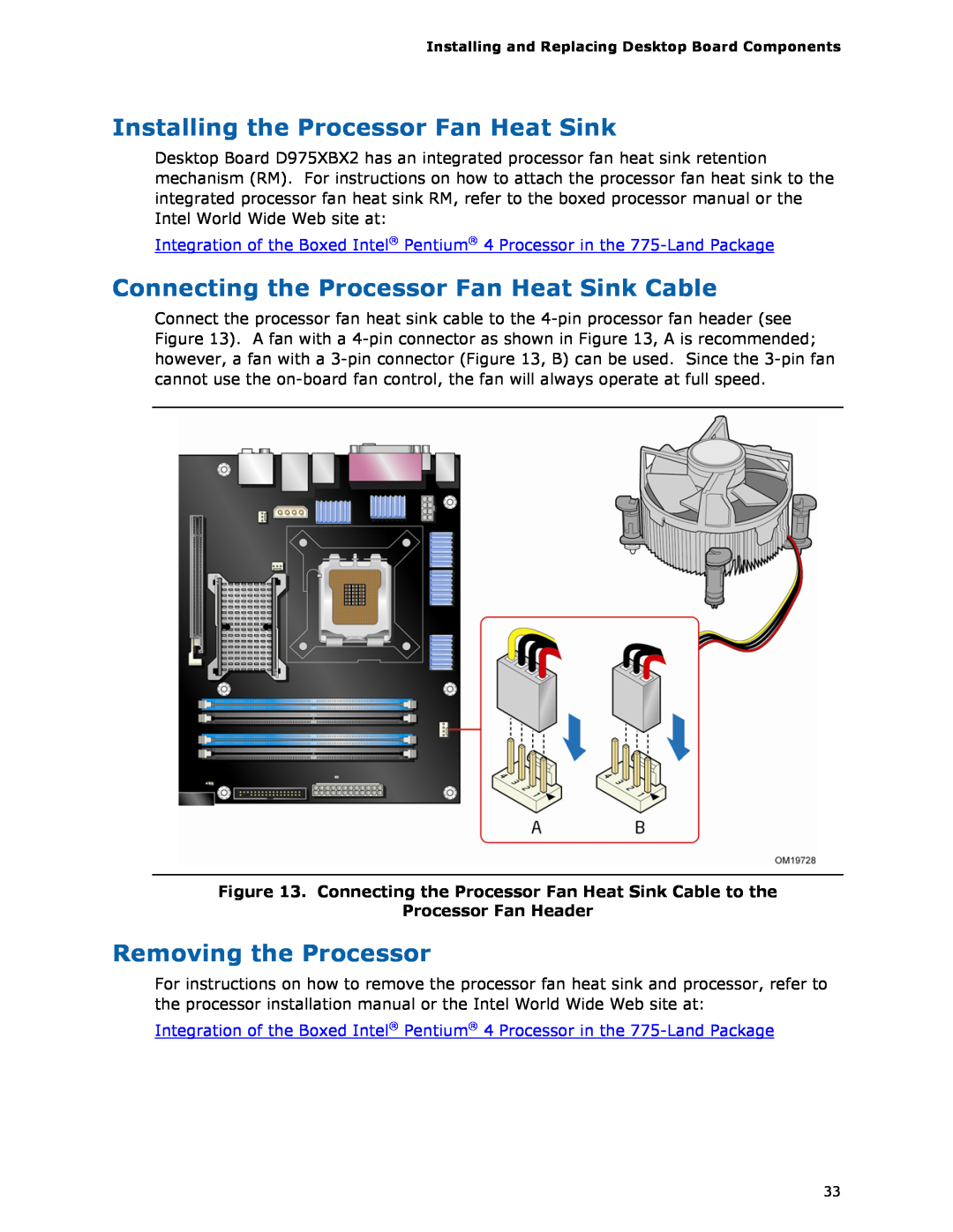 Intel D975XBX2 Installing the Processor Fan Heat Sink, Connecting the Processor Fan Heat Sink Cable, Processor Fan Header 