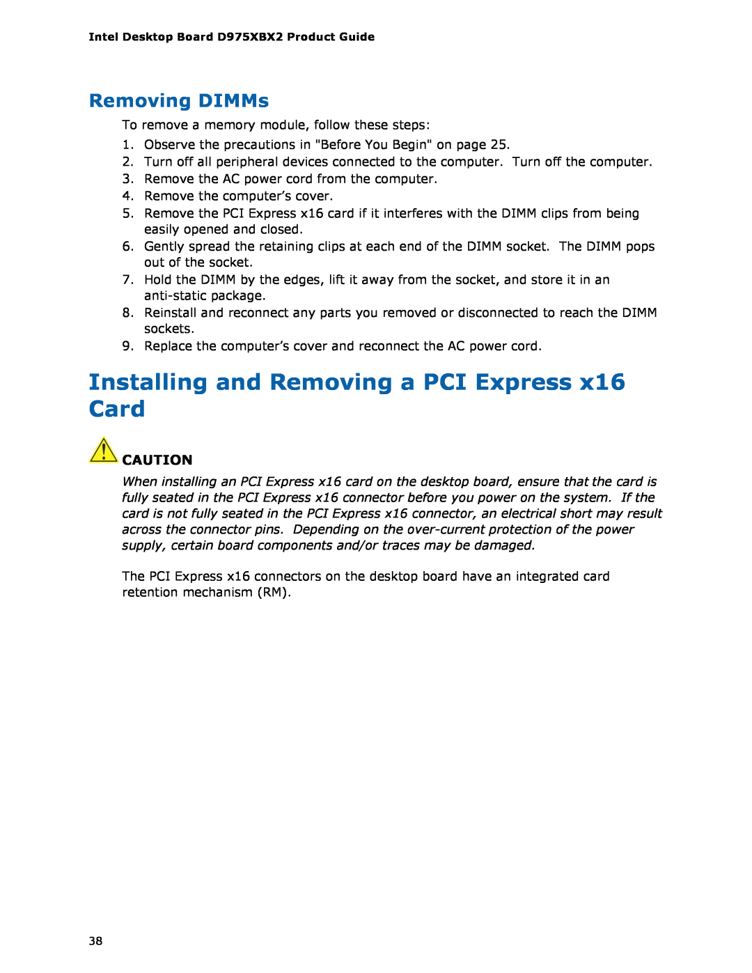 Intel D975XBX2 manual Installing and Removing a PCI Express x16 Card, Removing DIMMs 