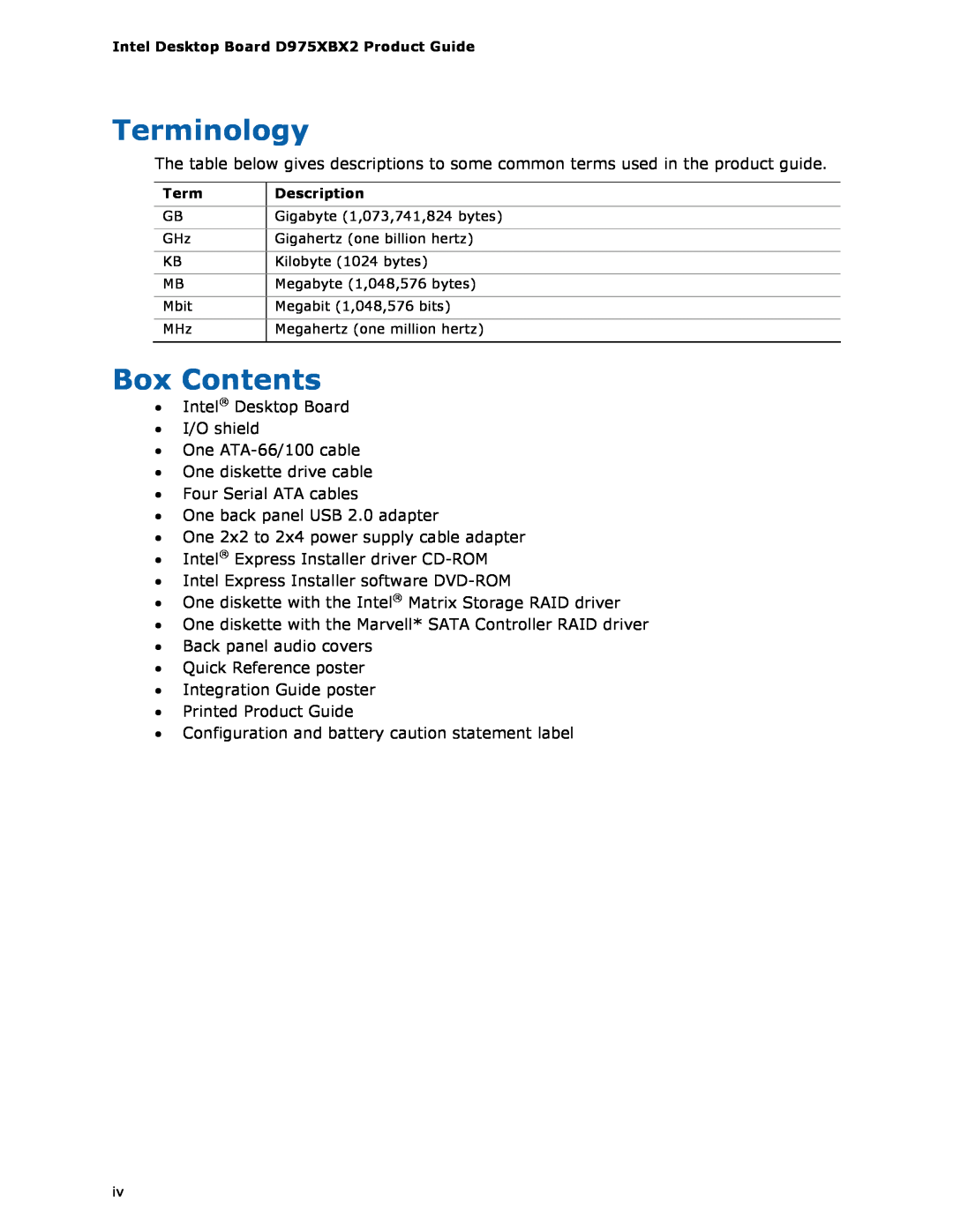 Intel D975XBX2 manual Terminology, Box Contents 