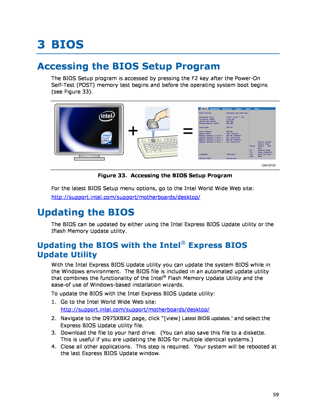 Intel D975XBX2 Bios, Accessing the BIOS Setup Program, Updating the BIOS with the Intel Express BIOS, Update Utility 