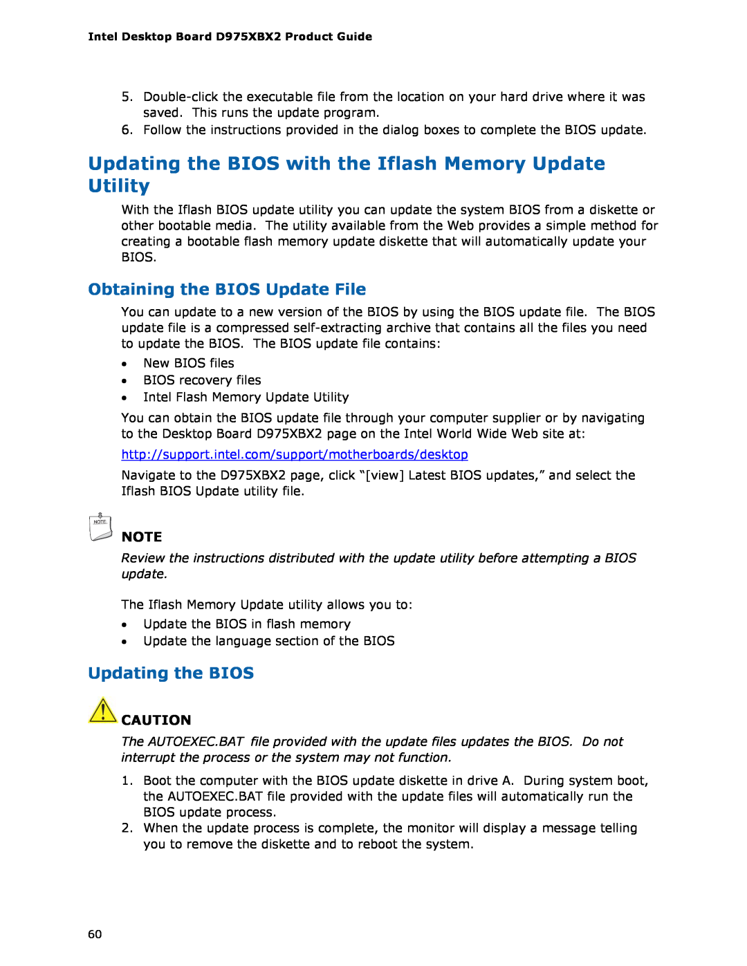 Intel D975XBX2 manual Obtaining the BIOS Update File, Updating the BIOS 