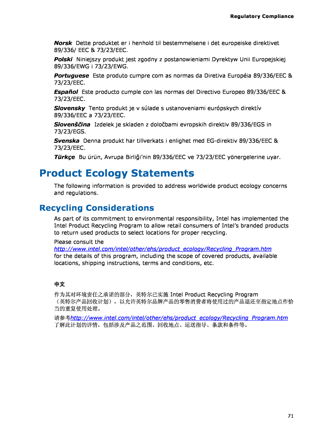 Intel D975XBX2 manual Product Ecology Statements, Recycling Considerations 