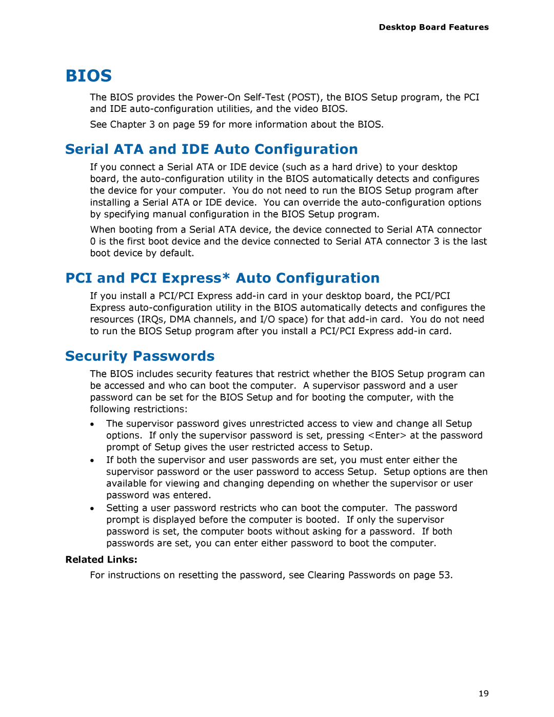 Intel D975XBX2 manual Serial ATA and IDE Auto Configuration, PCI and PCI Express* Auto Configuration, Security Passwords 