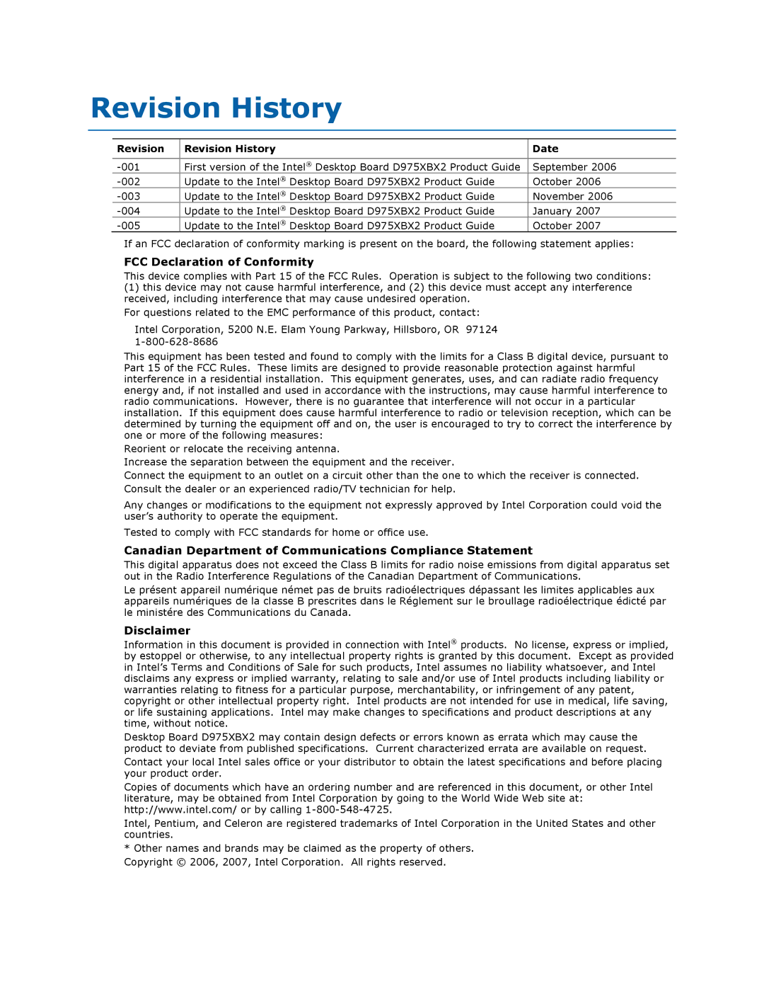 Intel D975XBX2 Revision History, FCC Declaration of Conformity, Canadian Department of Communications Compliance Statement 