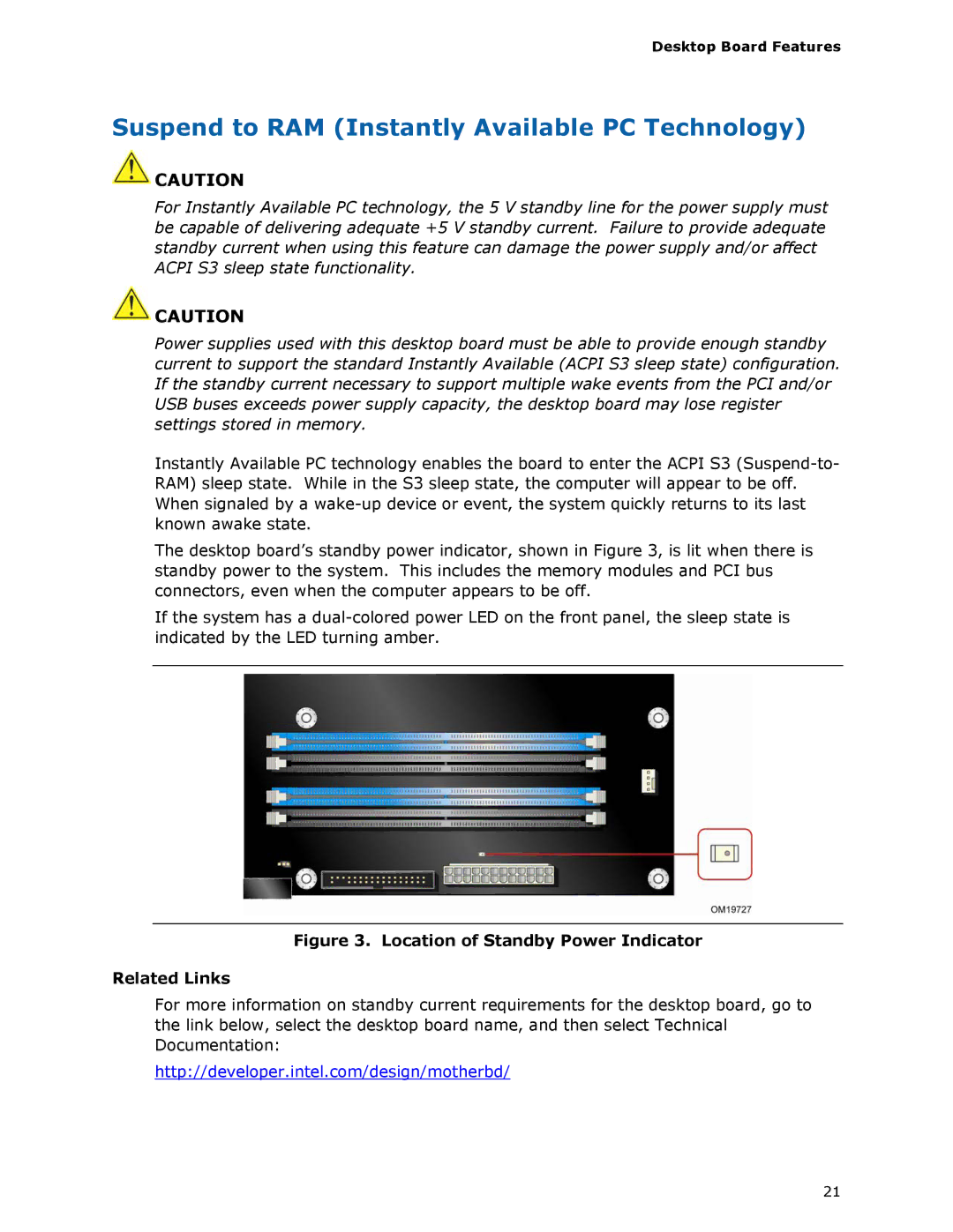 Intel D975XBX2 manual Suspend to RAM Instantly Available PC Technology, Location of Standby Power Indicator Related Links 