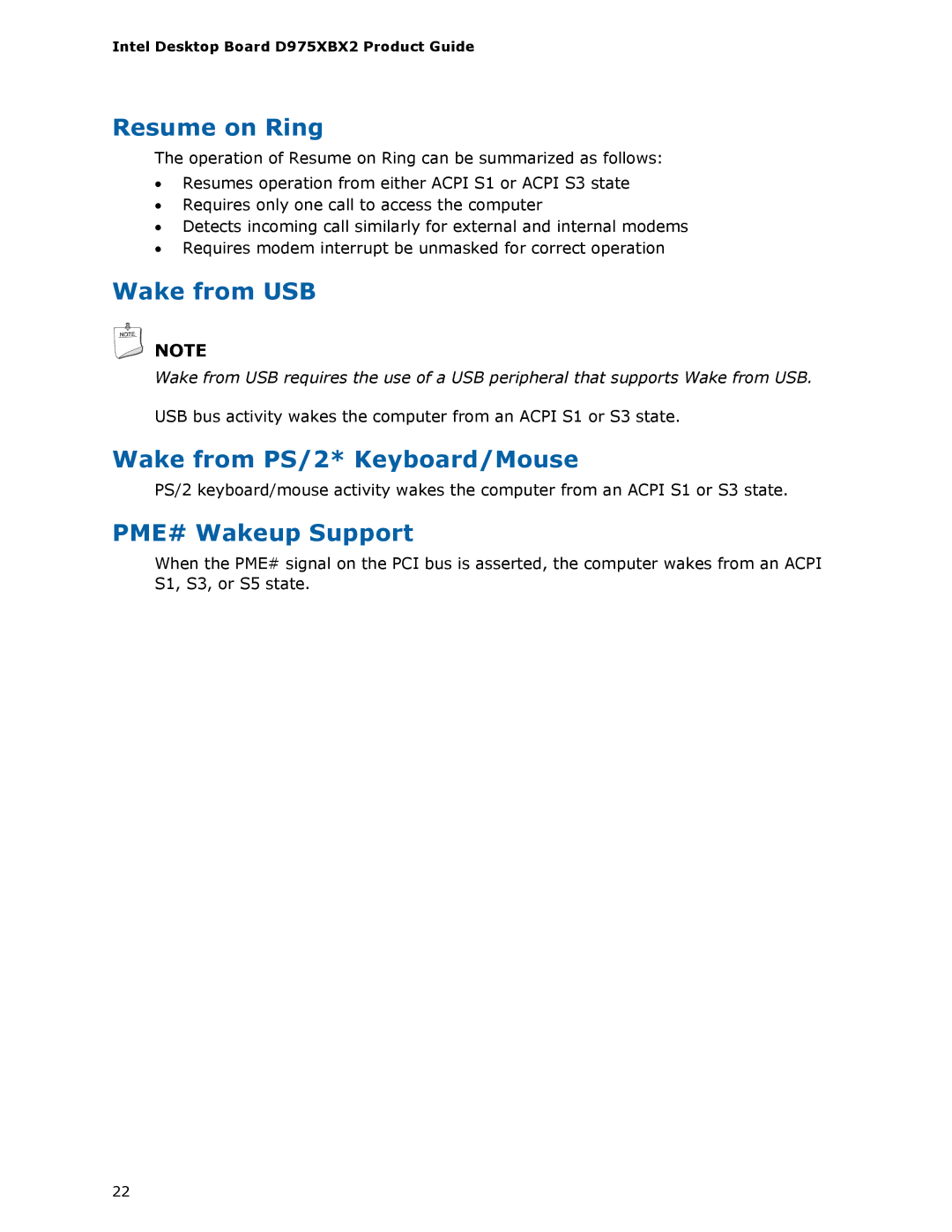 Intel D975XBX2 manual Resume on Ring, Wake from USB, Wake from PS/2* Keyboard/Mouse, PME# Wakeup Support 