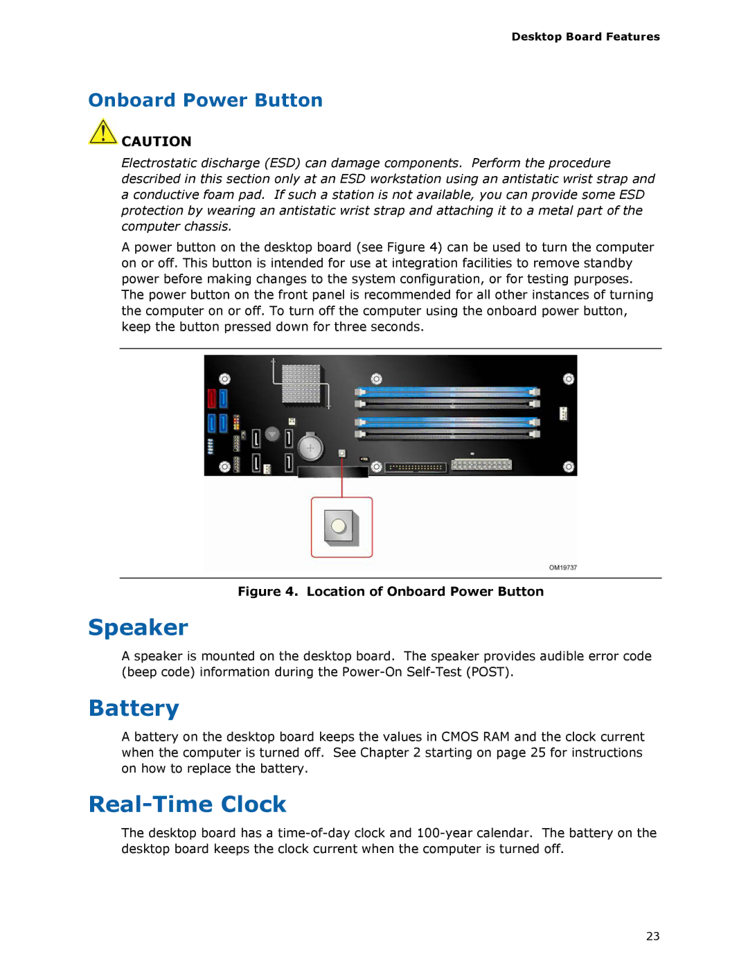 Intel D975XBX2 manual Speaker, Battery, Real-Time Clock, Onboard Power Button 