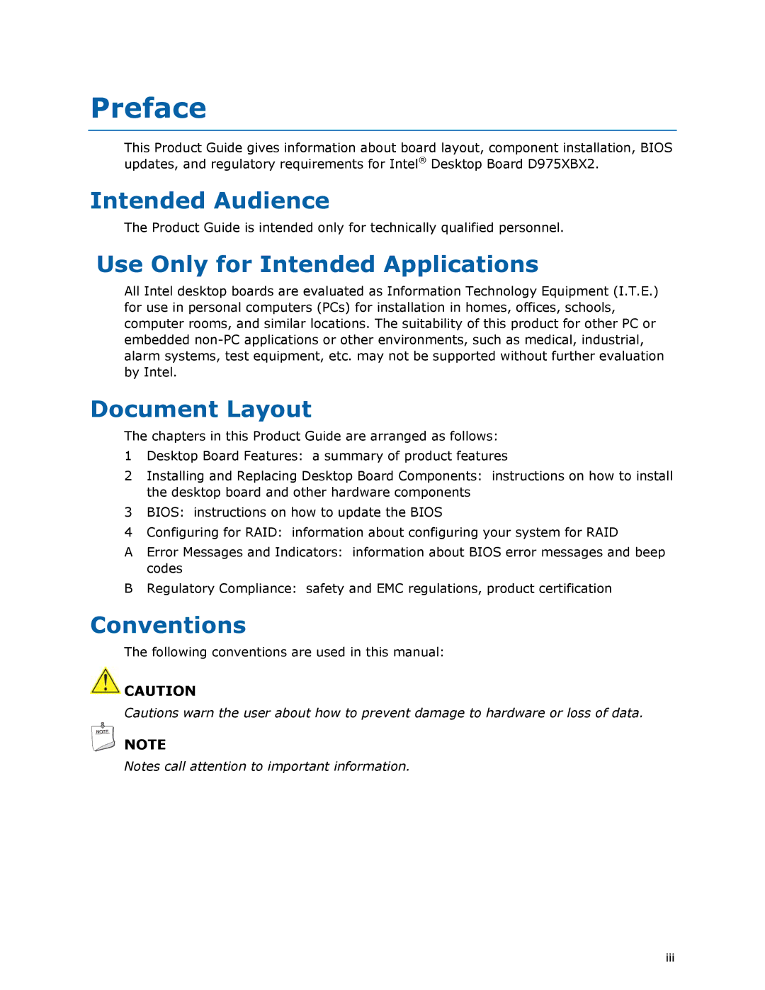 Intel D975XBX2 manual Preface, Intended Audience, Use Only for Intended Applications, Document Layout, Conventions 