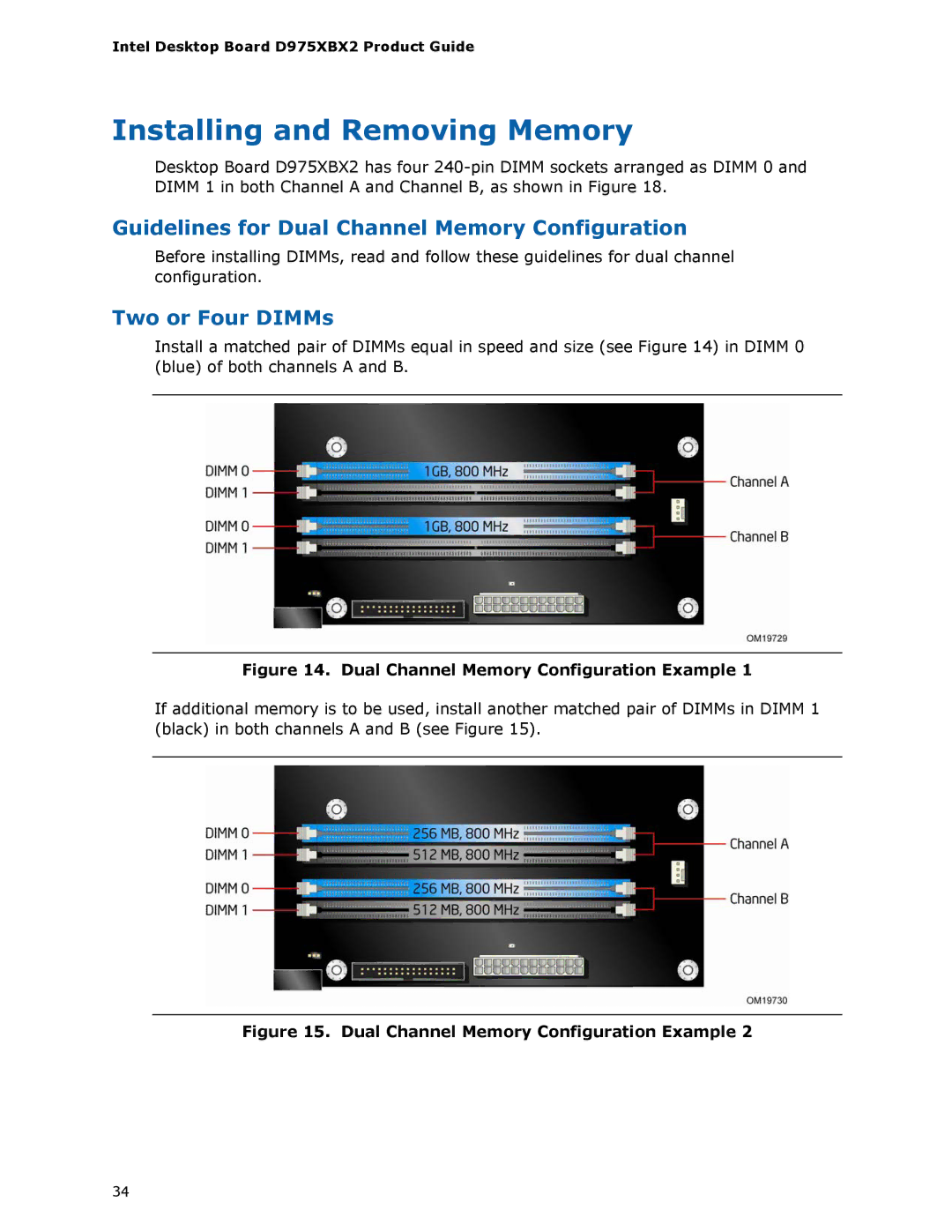 Intel D975XBX2 manual Installing and Removing Memory, Dual Channel Memory Configuration Example 